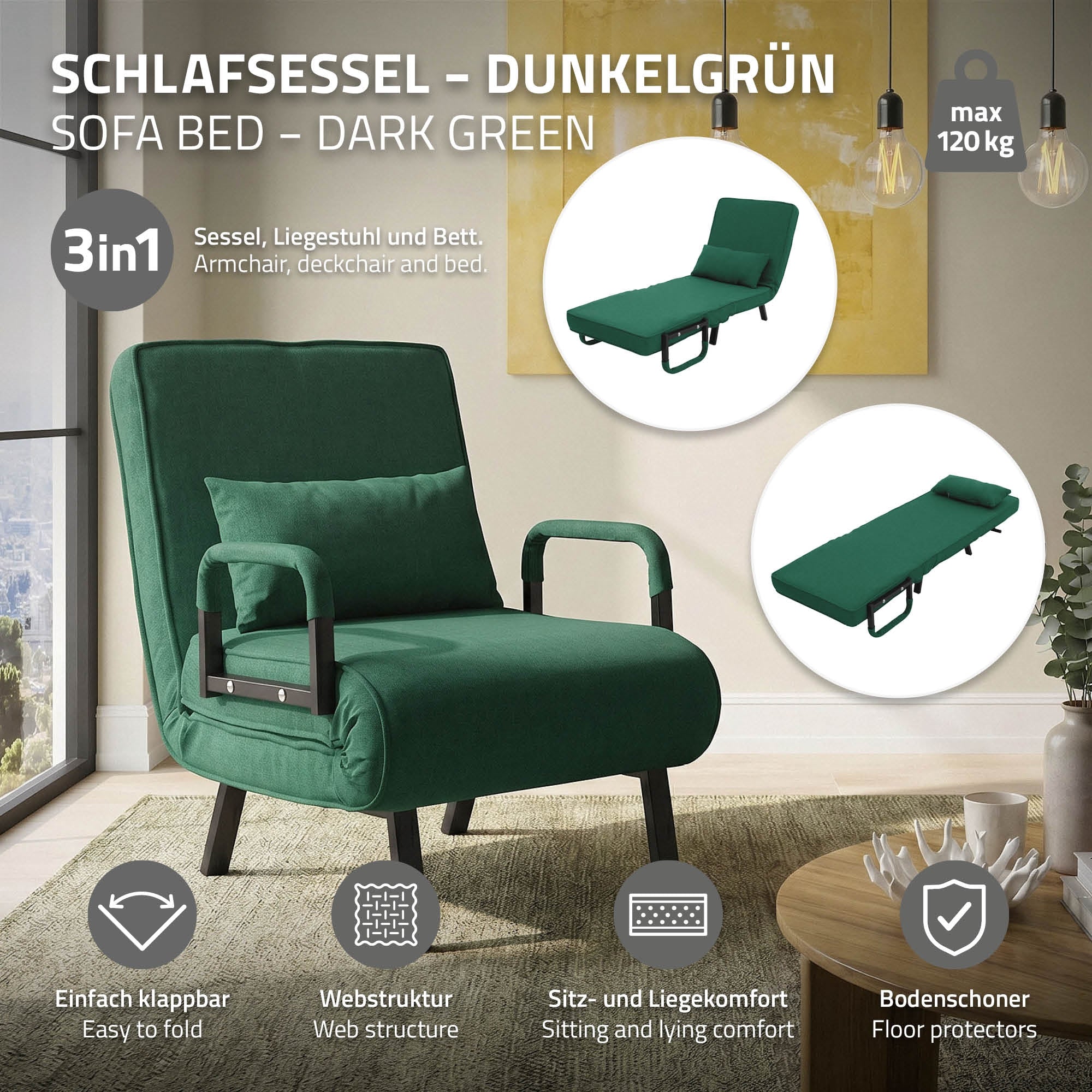 ML-Design Fauteuil convertible vert foncé chenille 186x60