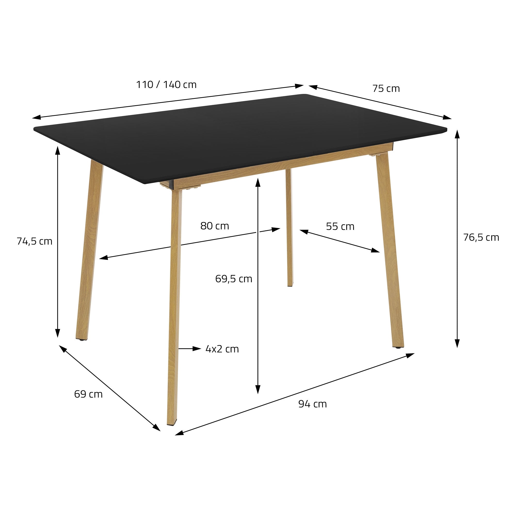 ECD Germany Möbel Table extensible noire 110-140x75 cm bois