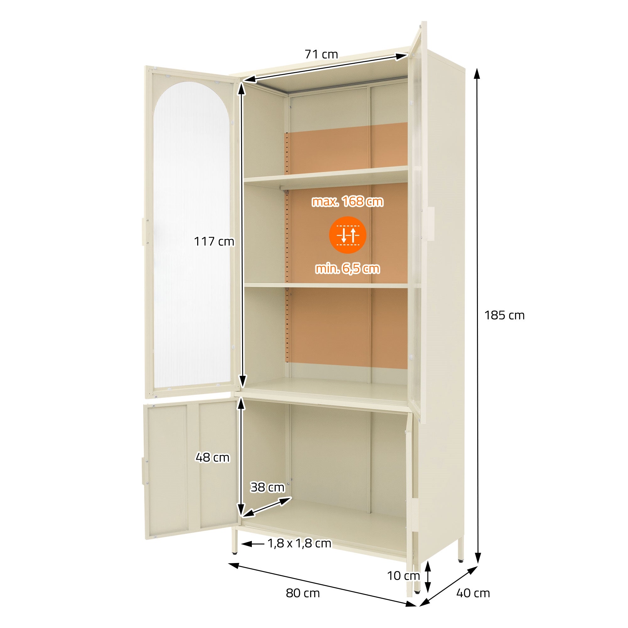 ECD Germany Möbel Vitrine 80x185x40 cm Crème 4 Portes