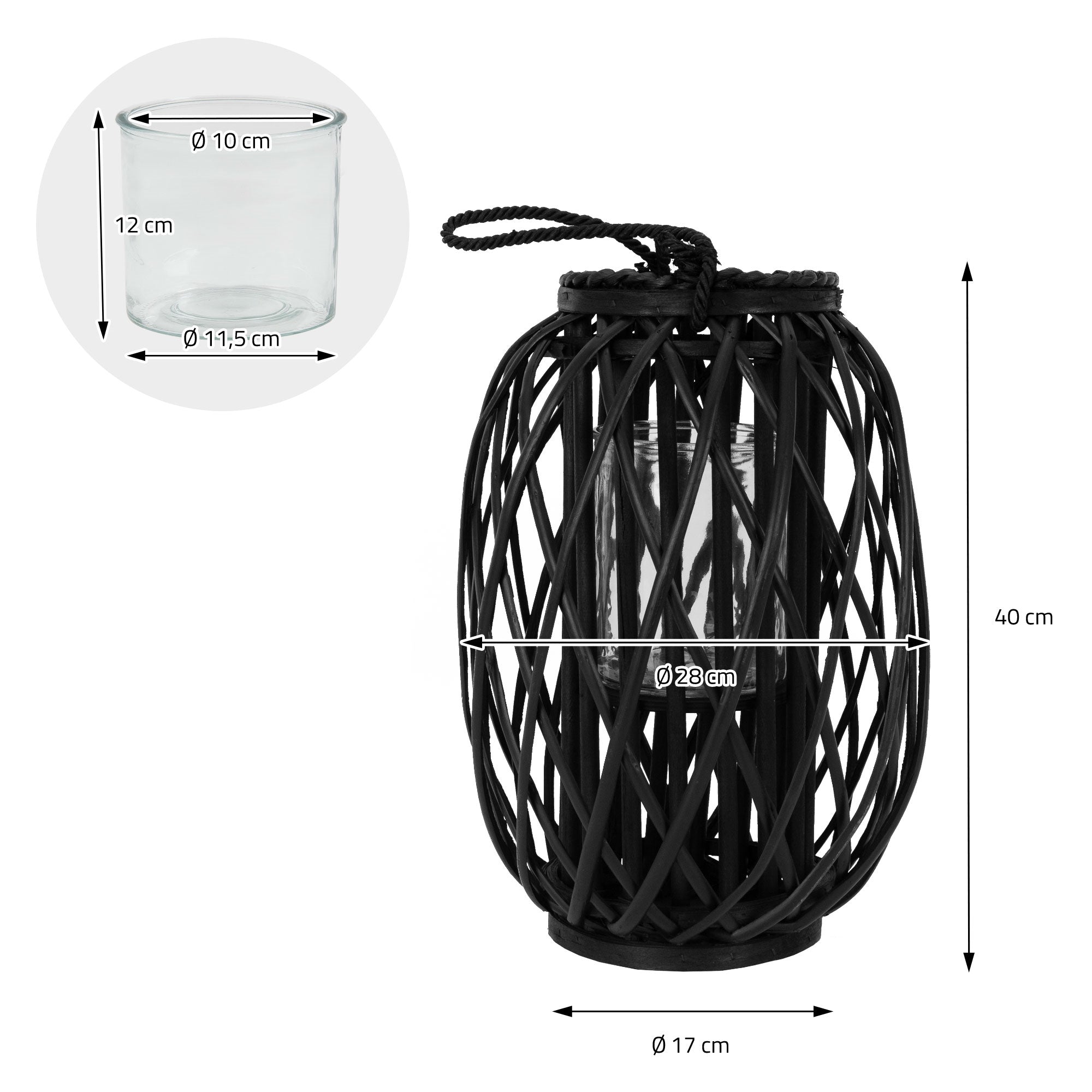 ECD Germany Garten Lanterne rotin noir 40 cm avec anse