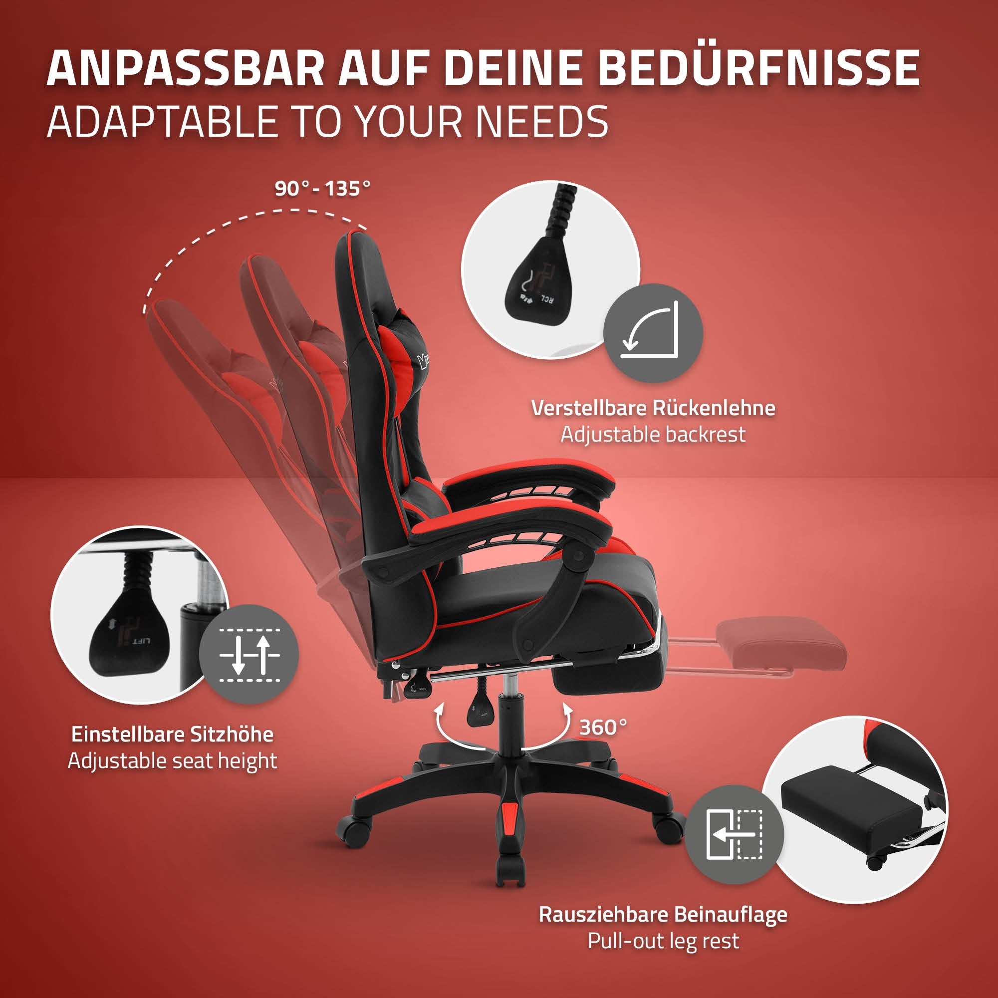 ECD Germany ML-Design chaise gaming noir-rouge similicuir