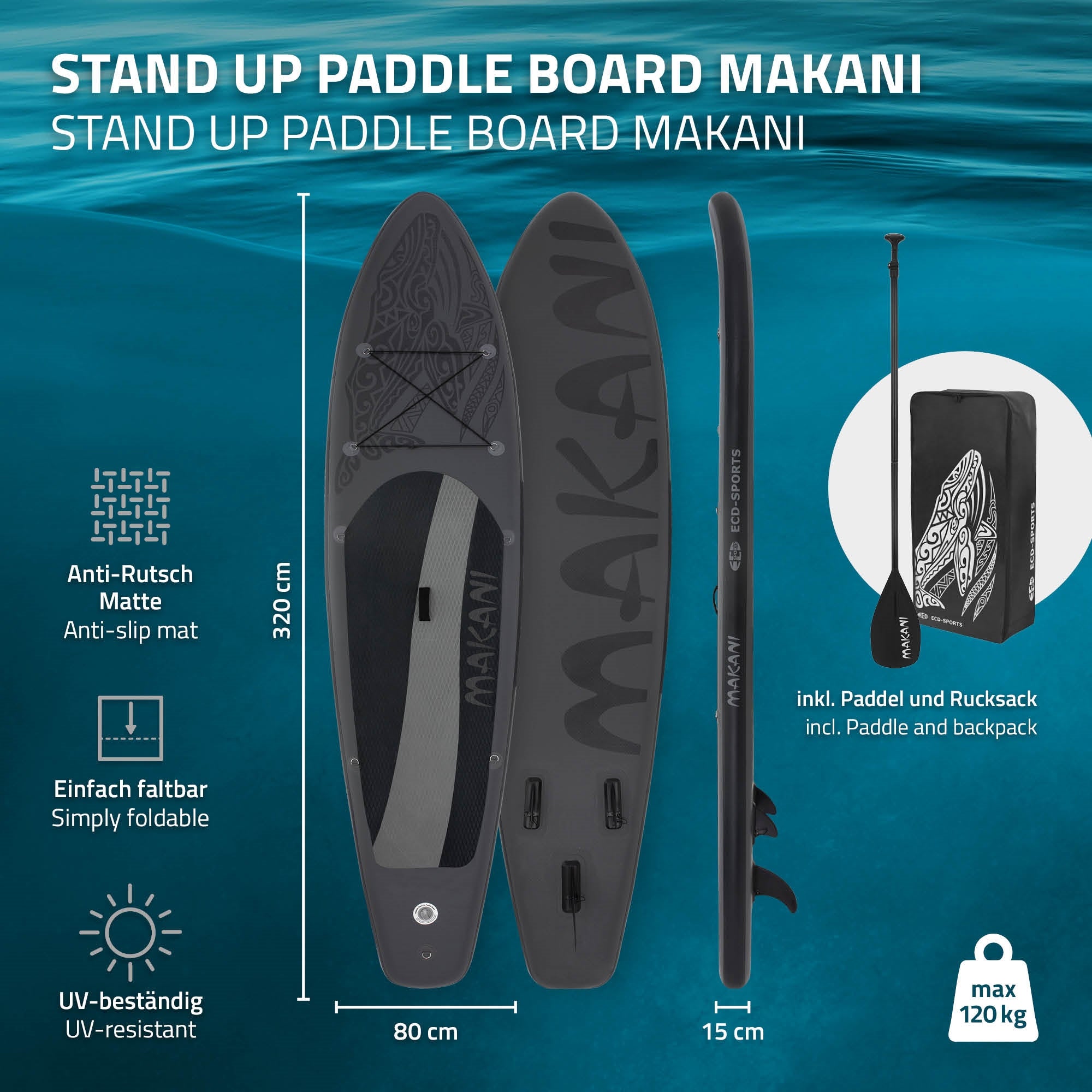 ECD Germany Makani stand up paddle gonflable noir 320 cm + pompe