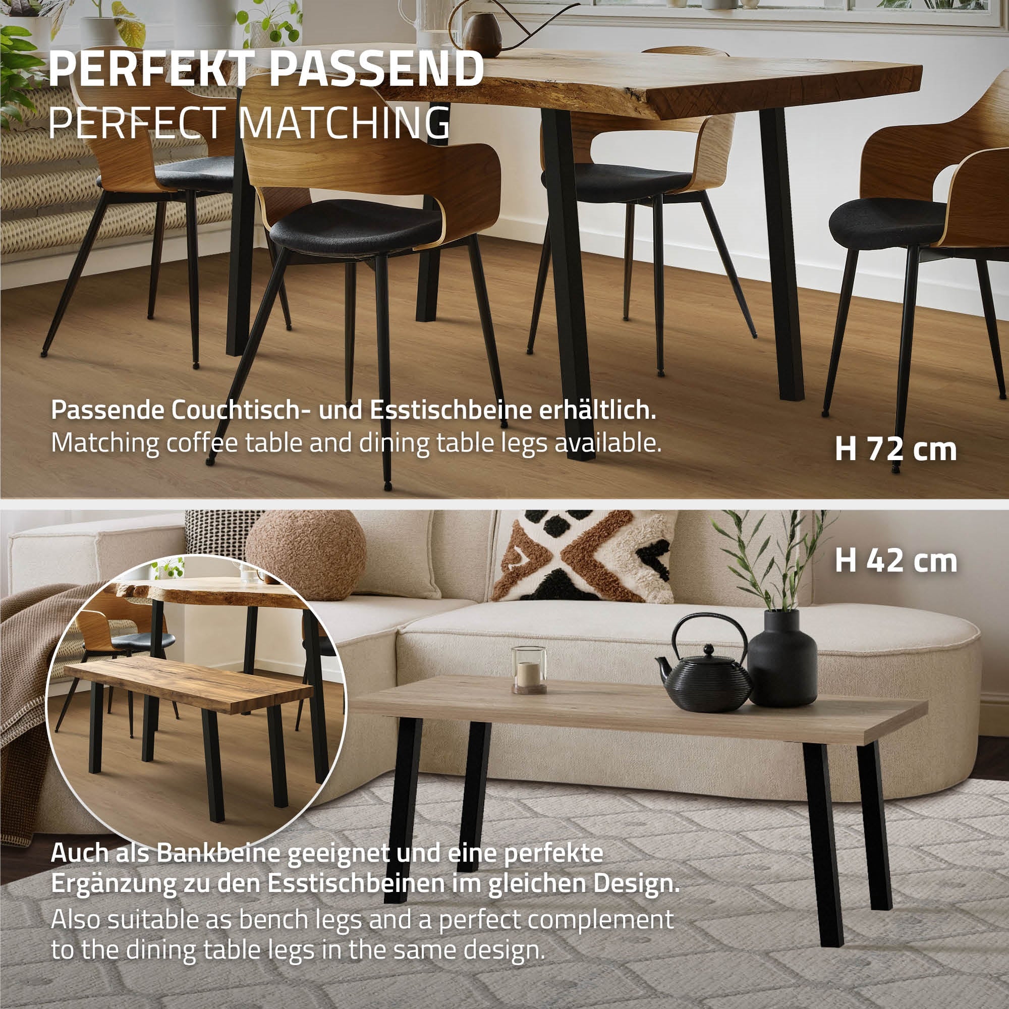 ECD Germany pieds de table inclinés 30 cm noirs acier x4
