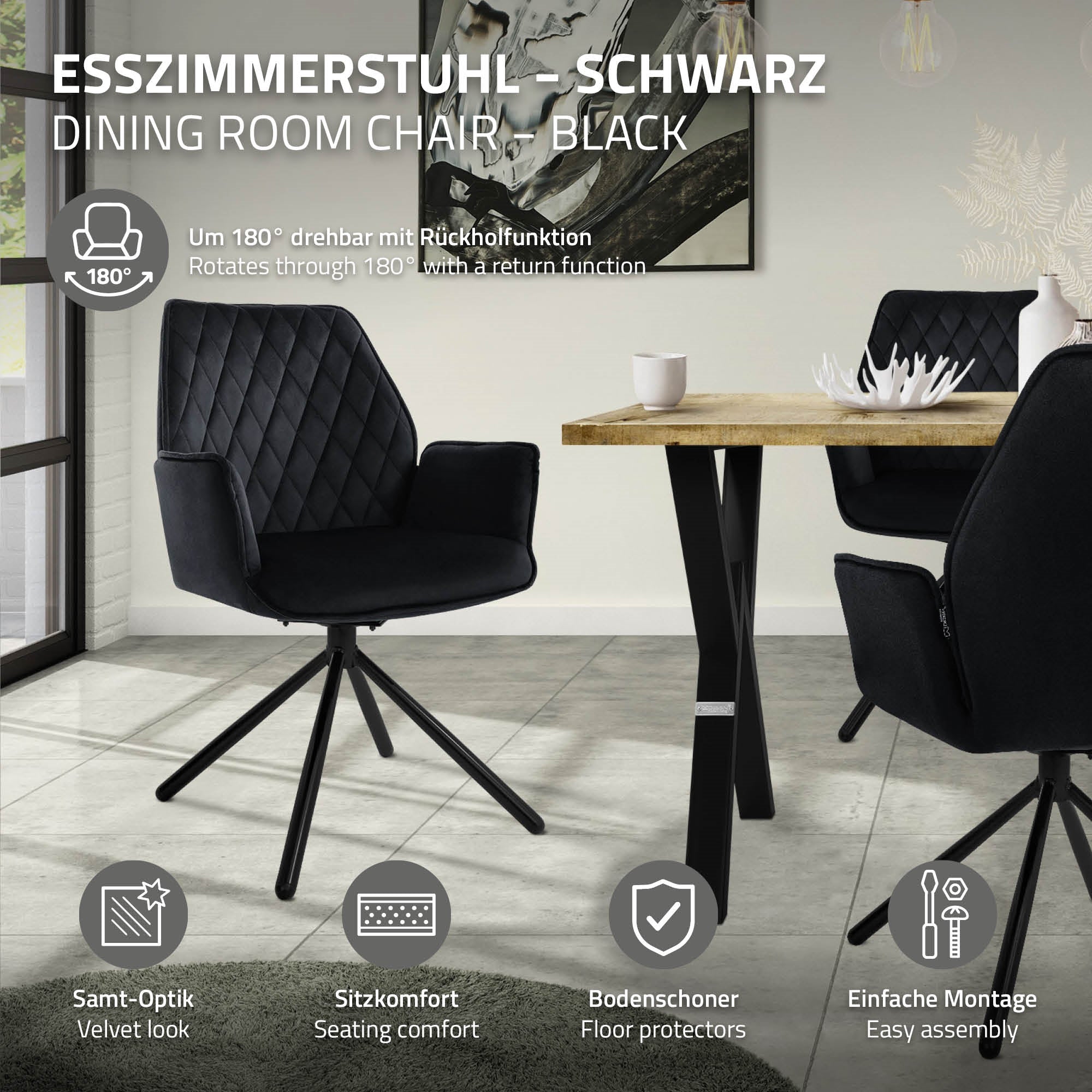 ECD Germany Möbel chaise pivotante velours noir 180°
