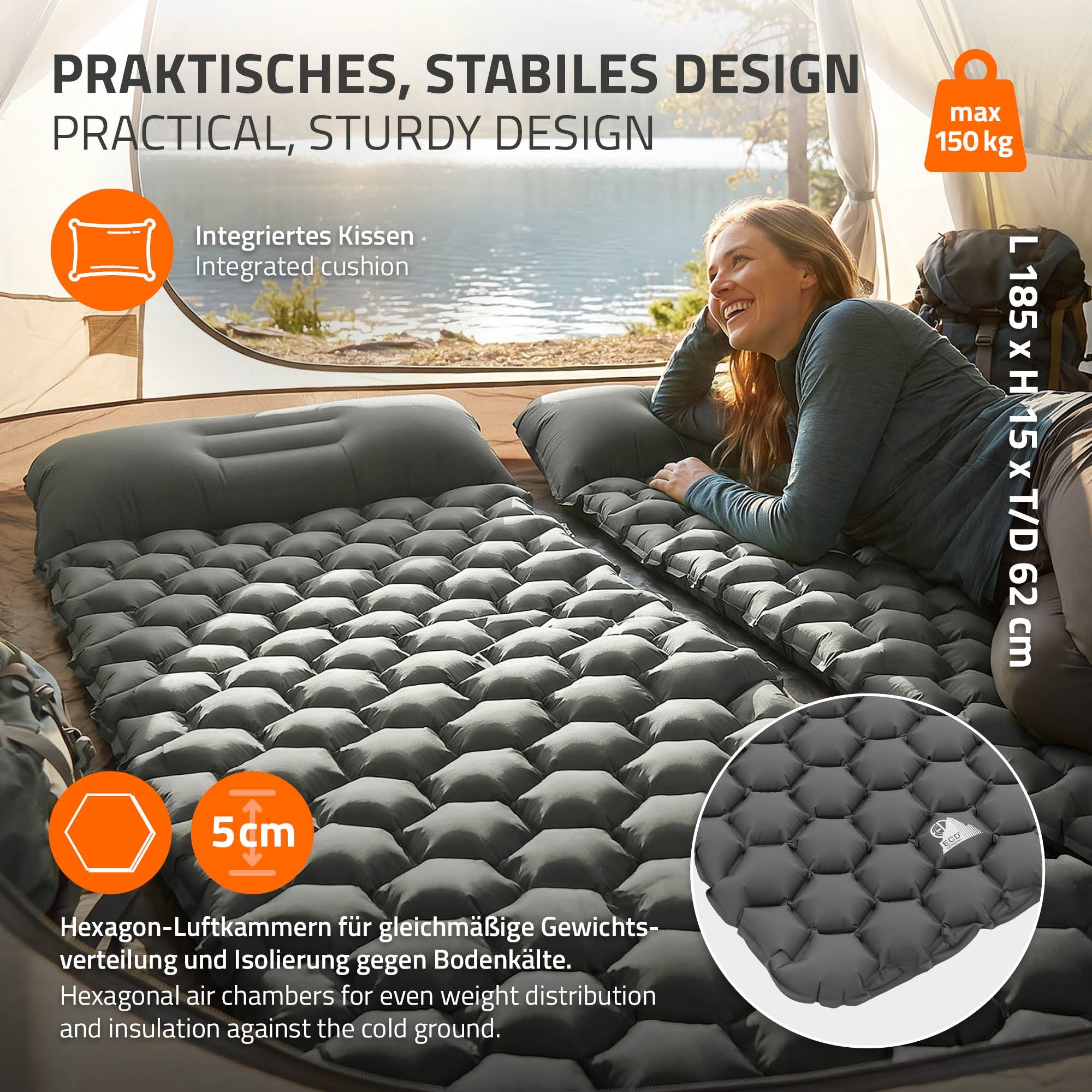 ECD Germany Sport Matelas camping gonflable gris avec oreiller