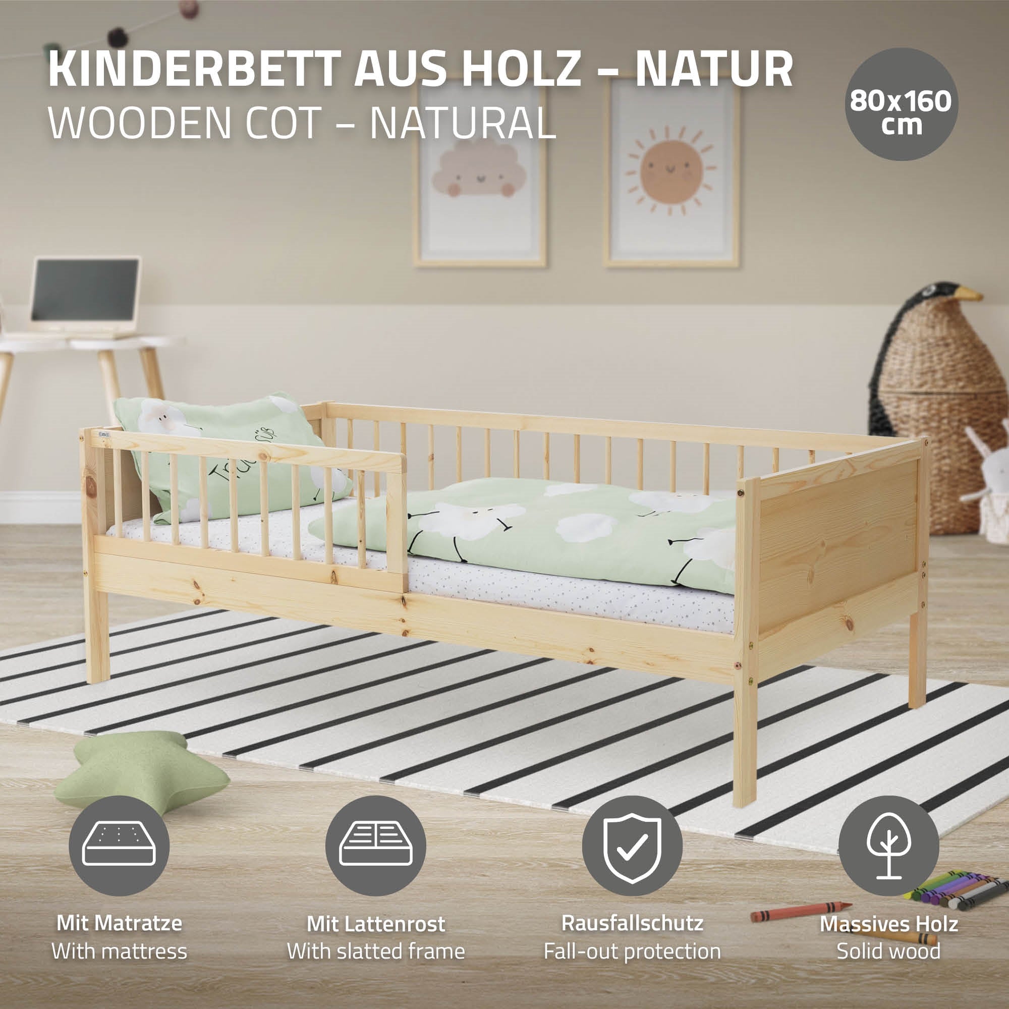 ECD Germany Kinder lit enfant 80x160 naturel avec matelas