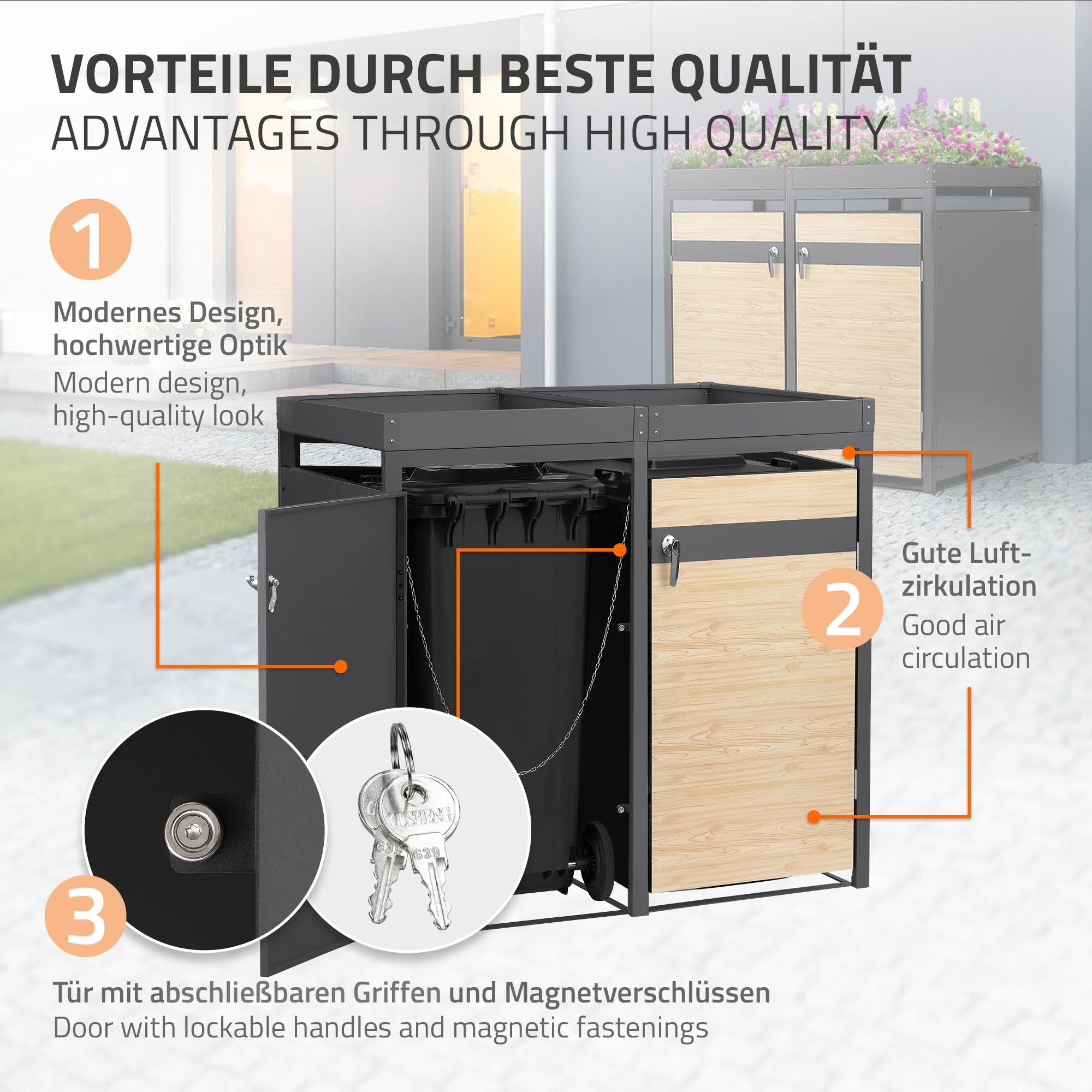 ECD Germany cache poubelle 4x240L acier toit planter 264cm