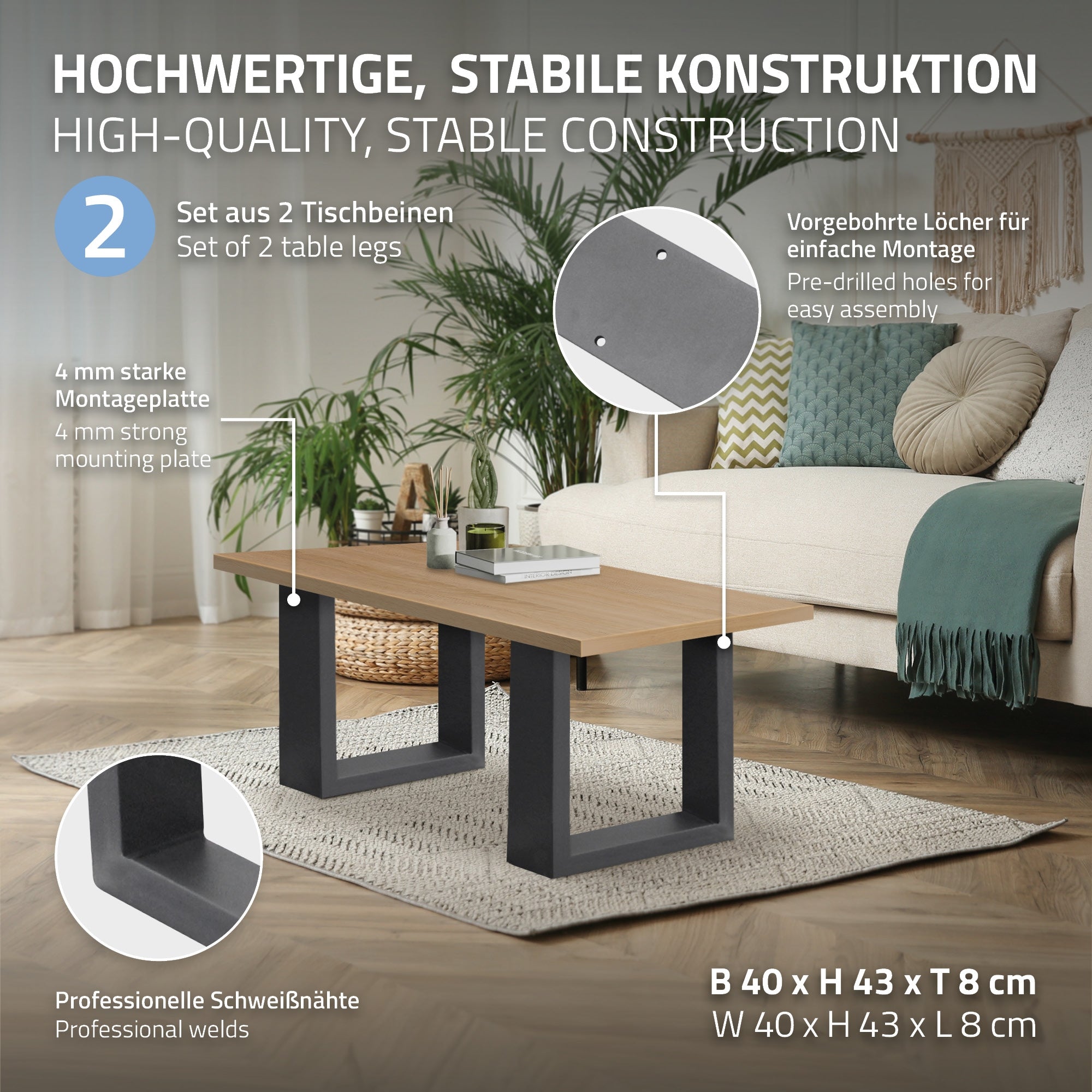 ECD Germany Garten pieds de table acier anthracite 40x43 cm lot 2