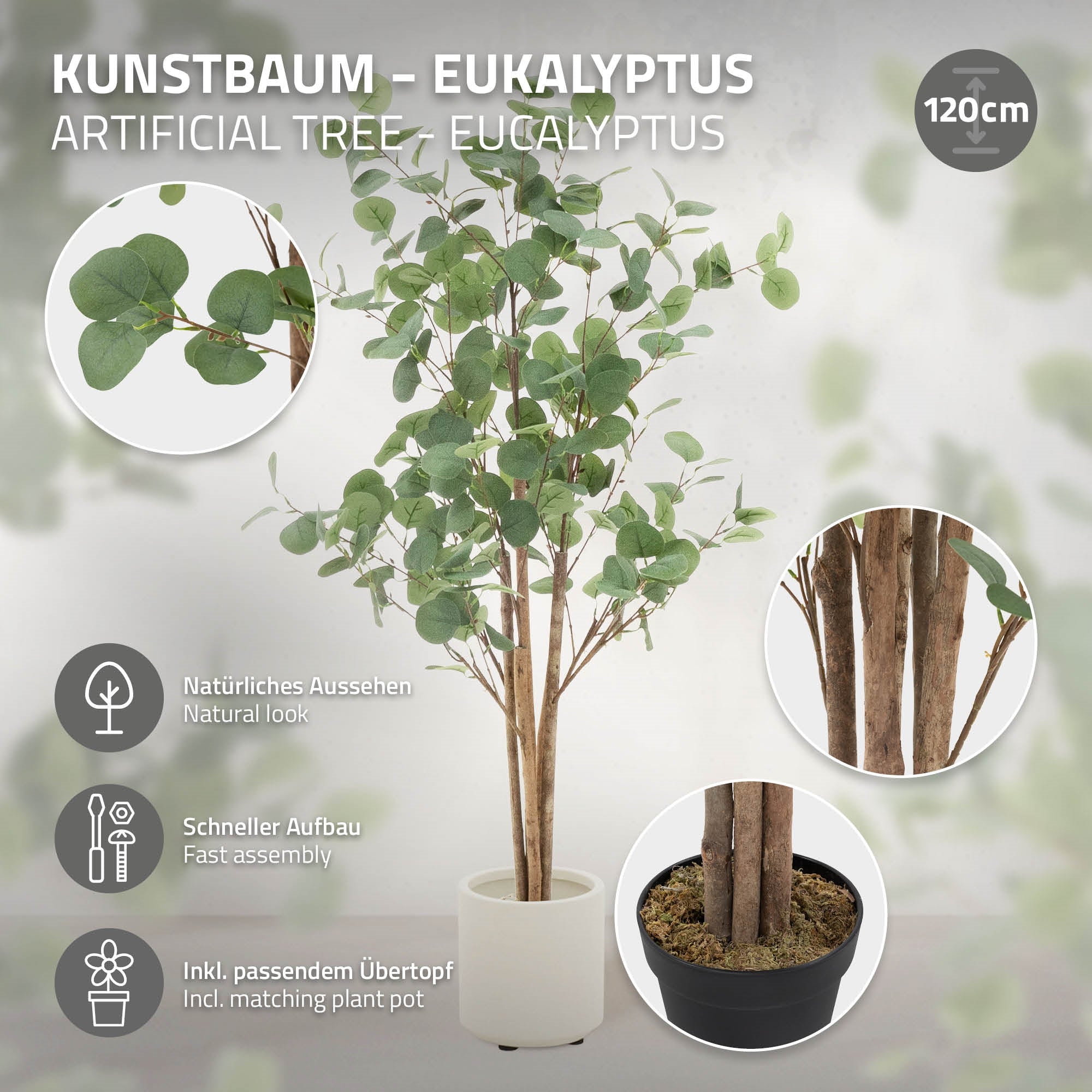 ECD Germany Haus Eucalyptus artificiel 120 cm tronc bois pot blanc