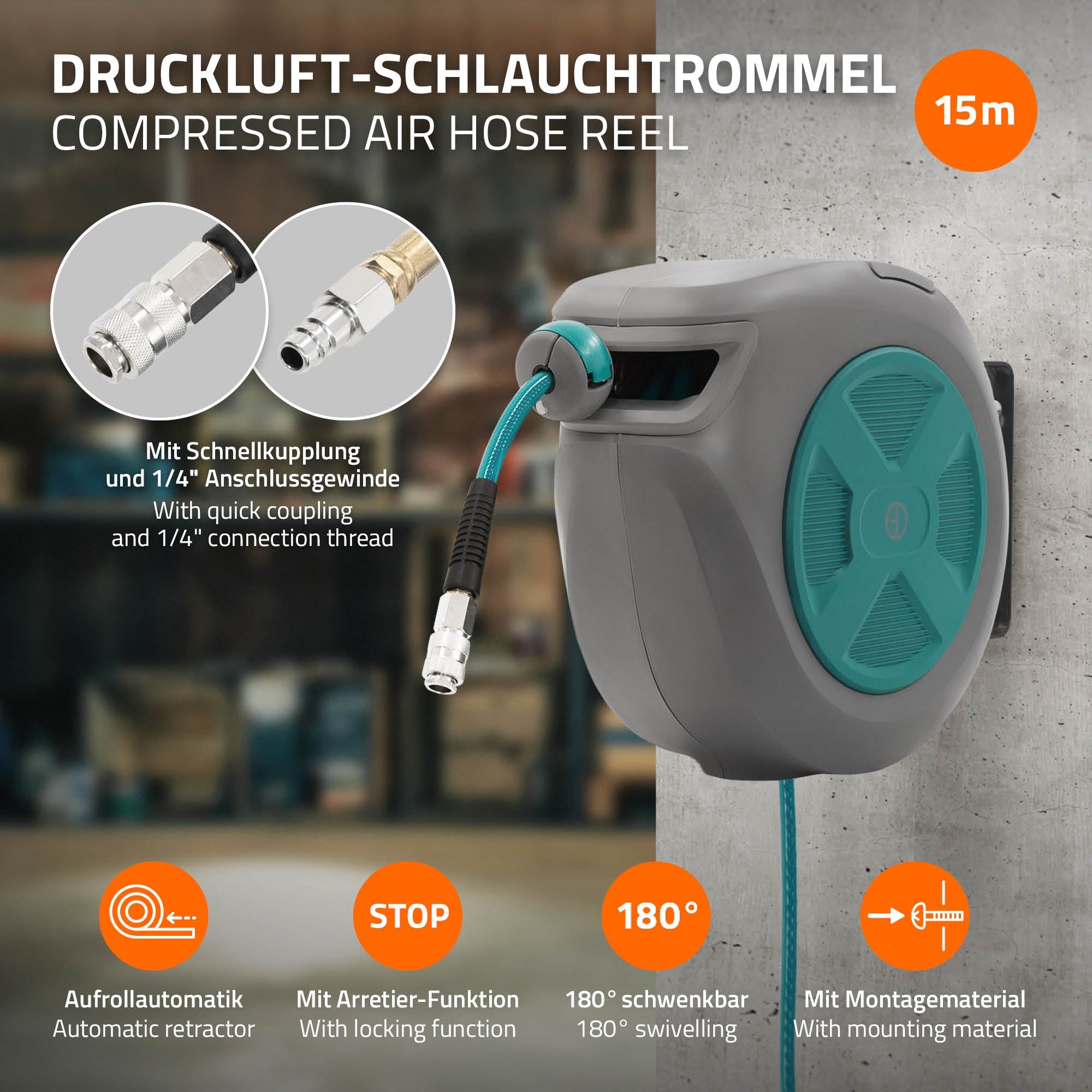 ECD Germany Werkstatt enrouleur air comprimé 15 m mural auto