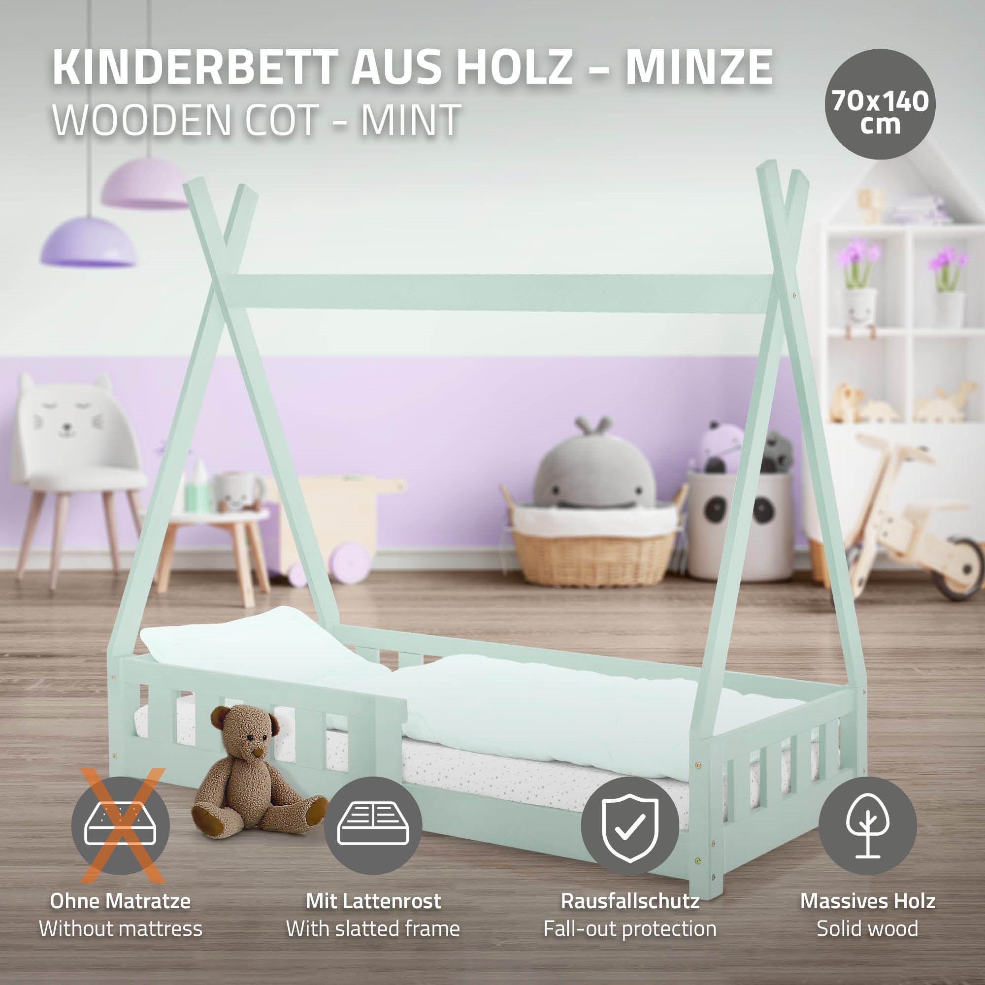 ECD Germany Kinder Lit cabane tipi pin menthe 70x140 cm + sommier