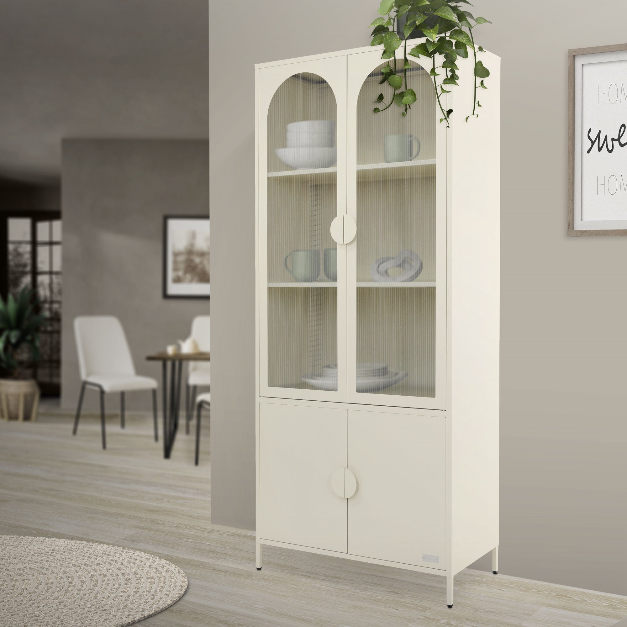 ECD Germany Möbel Vitrine 80x185x40 cm Crème 4 Portes