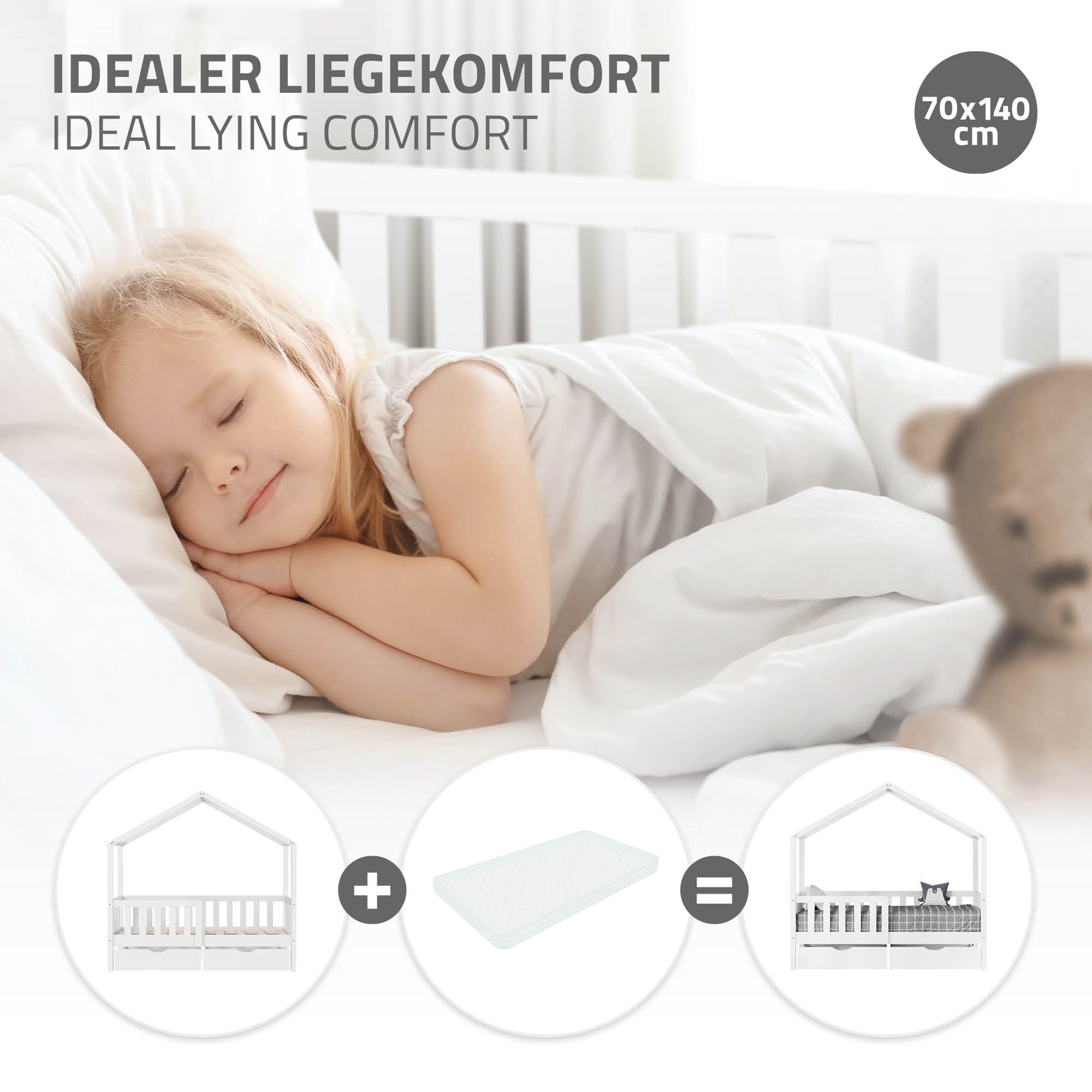ECD Germany Kinder Lit cabane 70x140 blanc pin 2 tiroirs sans matelas