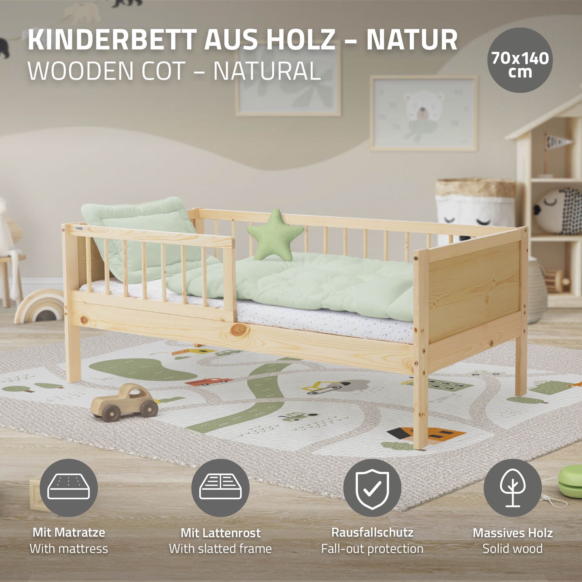 ECD Germany Kinder lit enfant 70x140 pin naturel matelas inclus