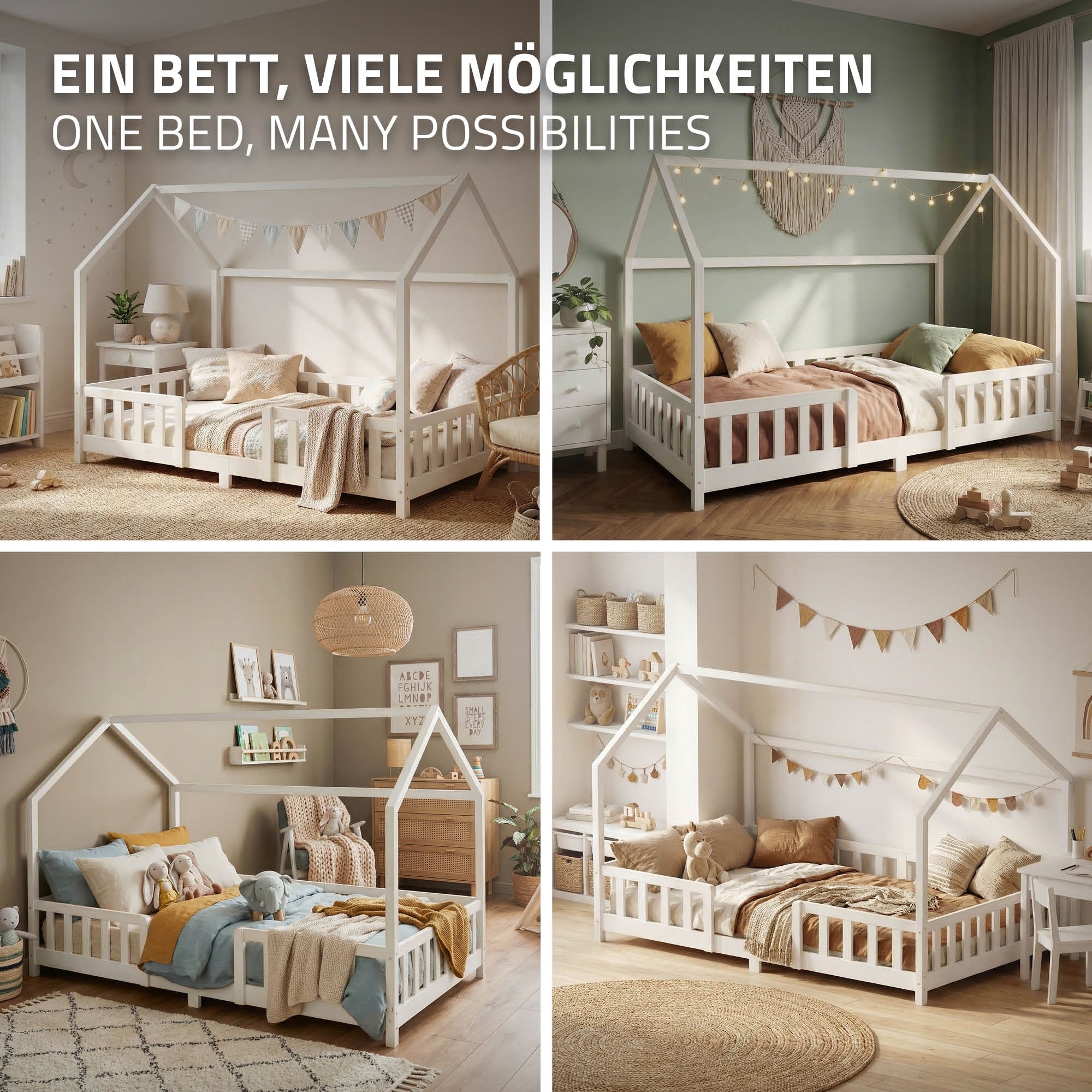 ECD Germany Kinder lit cabane 120x200 cm blanc avec barrière