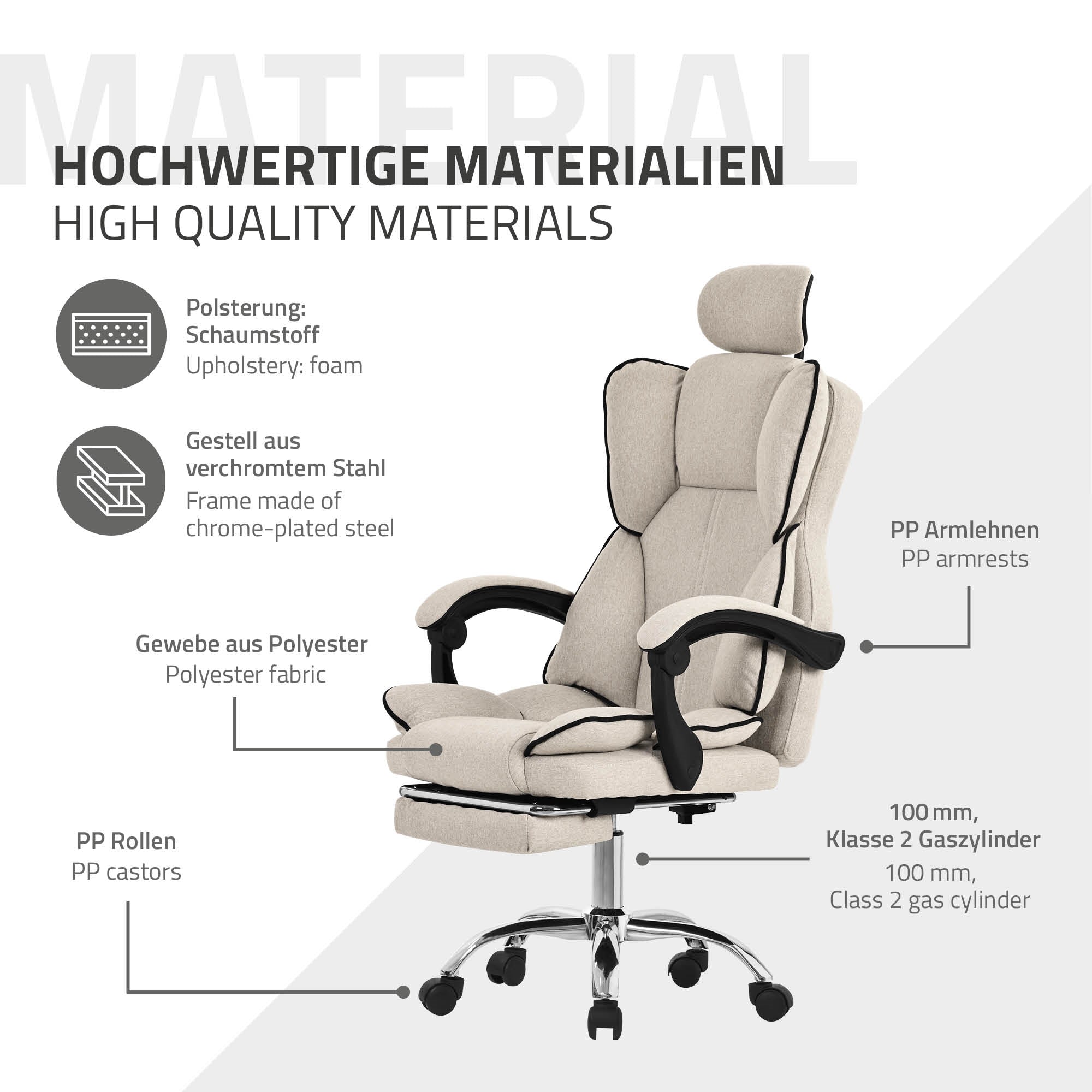 ML-Design fauteuil bureau beige dossier réglable repose-pieds 120 kg