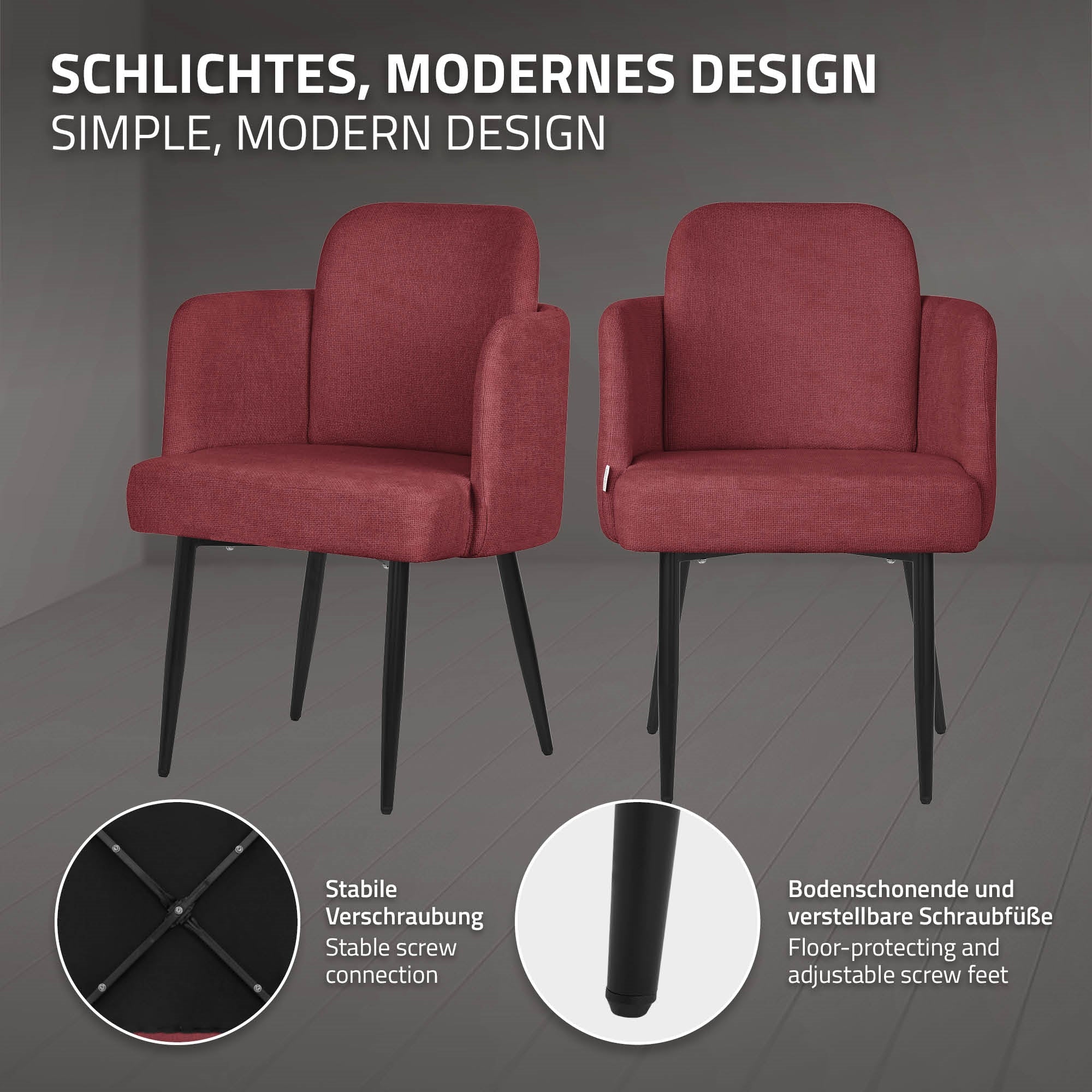 ECD Germany chaise salle à manger rouge accoudoirs pieds métal