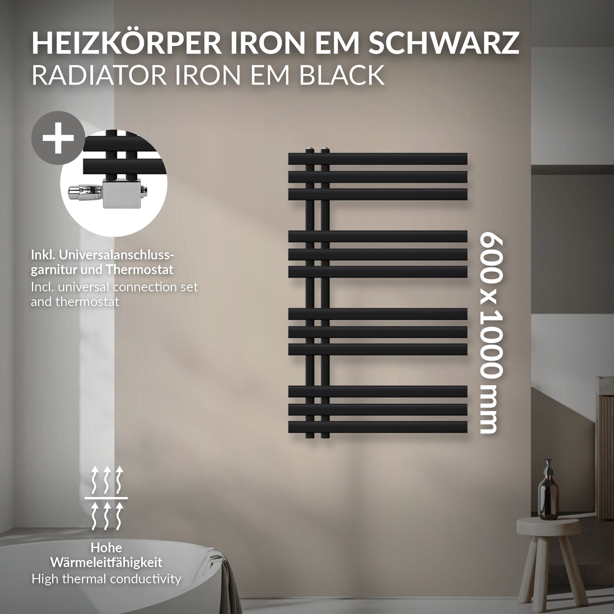 ECD Germany radiateur salle de bain 600x1000 noir mat central