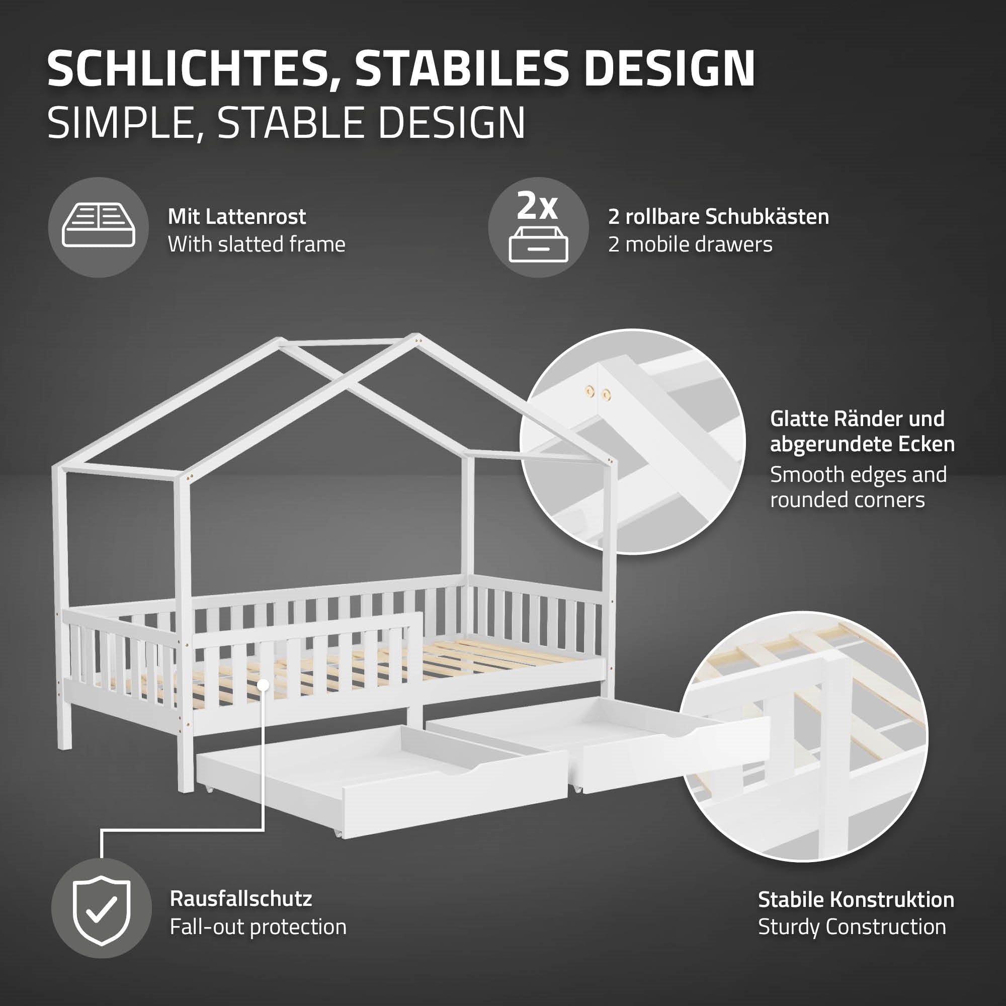 ECD Germany Kinder lit cabane 90x200 blanc 2 tiroirs pin