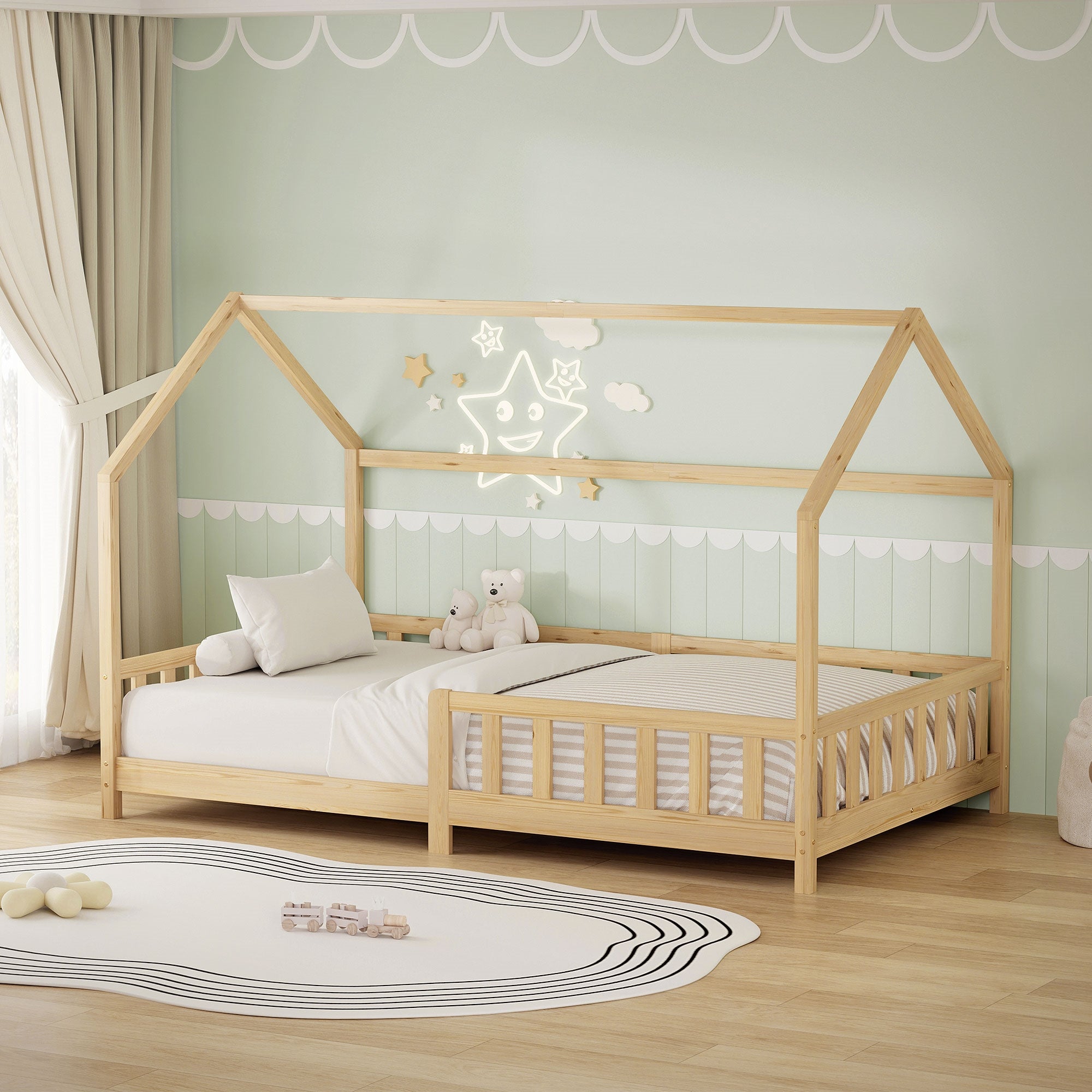 ECD Kinder lit cabane enfant 120x200 pin nature barrière toit