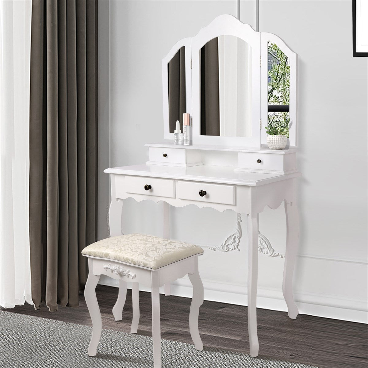 ECD Germany Möbel ML-Design coiffeuse blanche avec miroir + tabouret
