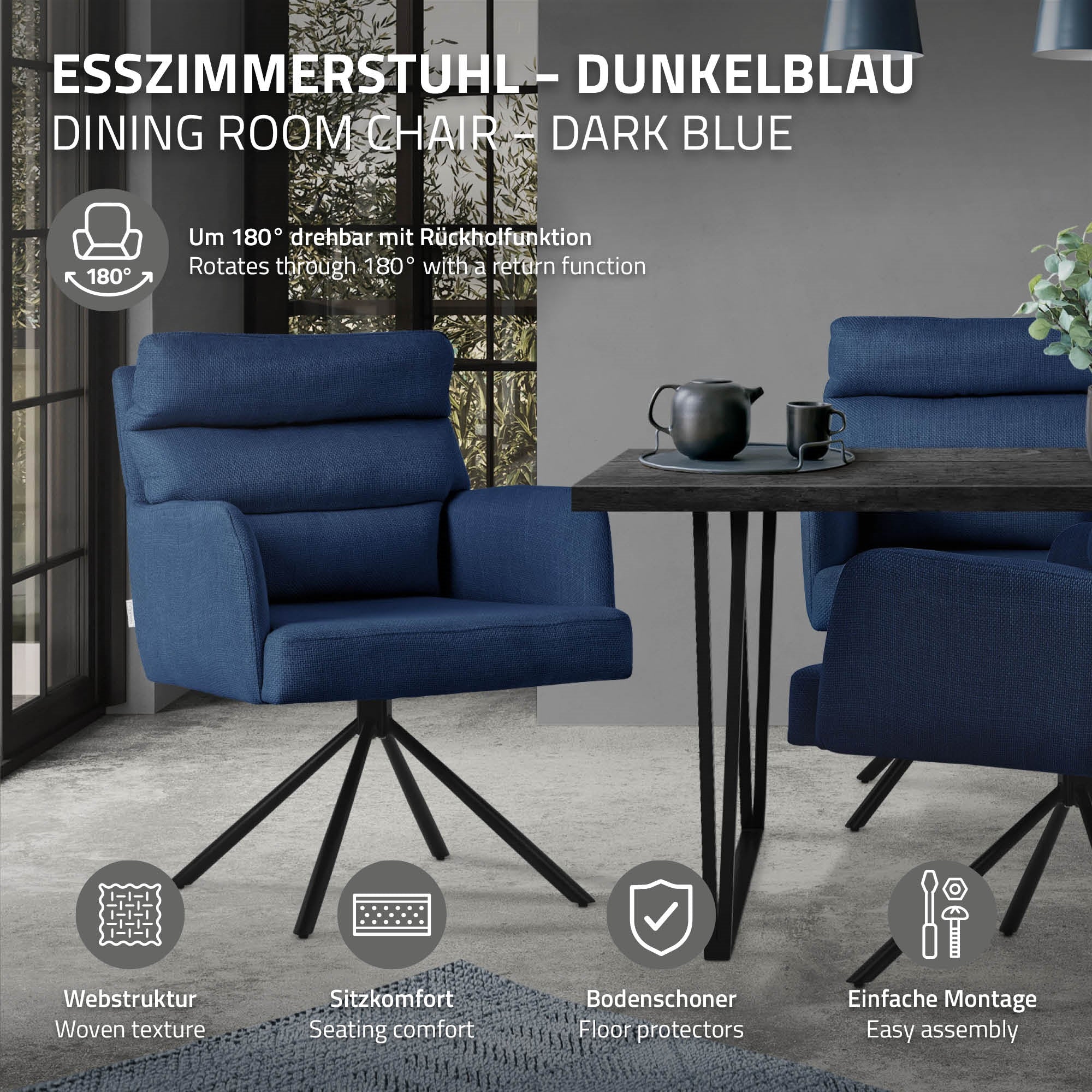 ECD Germany chaise salle à manger bleu foncé pivotante tissu