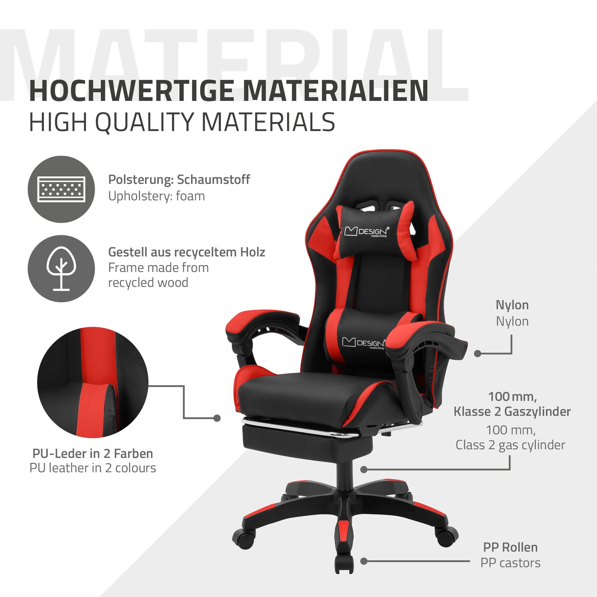 ECD Germany ML-Design chaise gaming noir-rouge similicuir