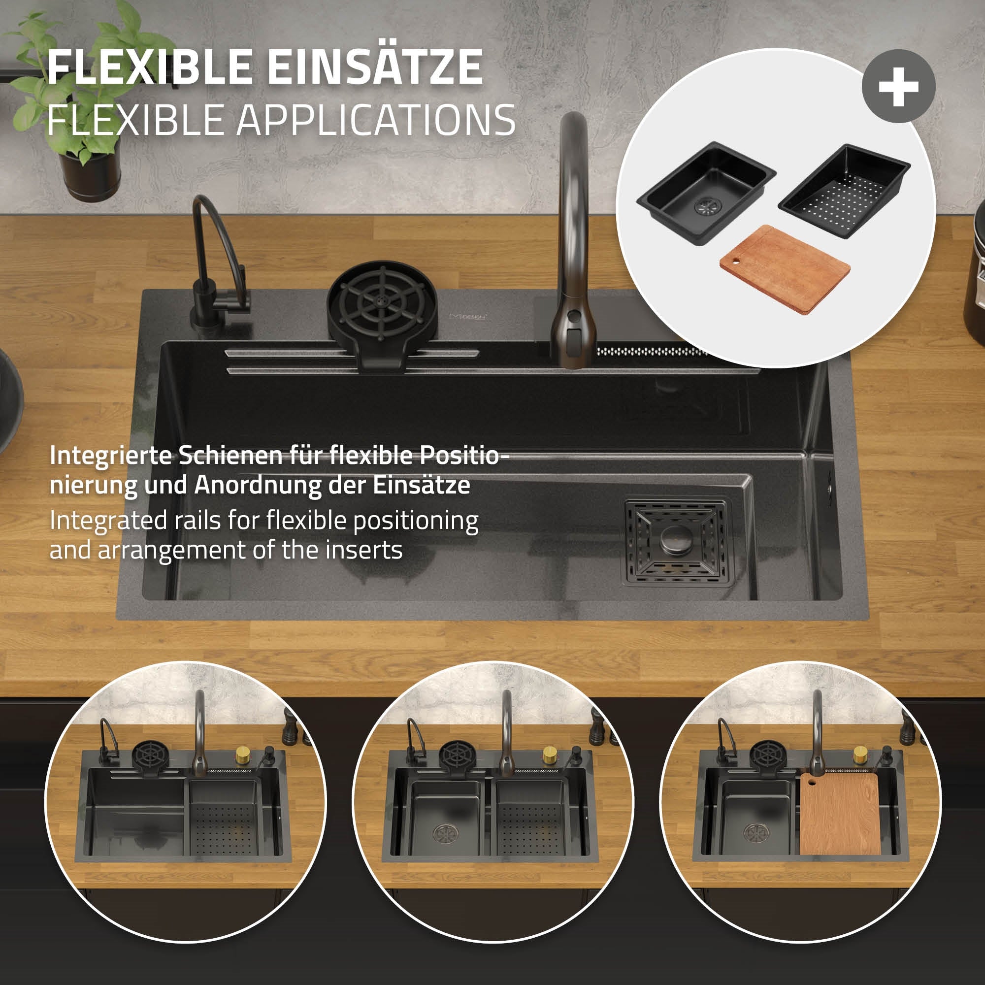 ECD Germany évier inox 80x46 cm anthracite 8 pièces robinet