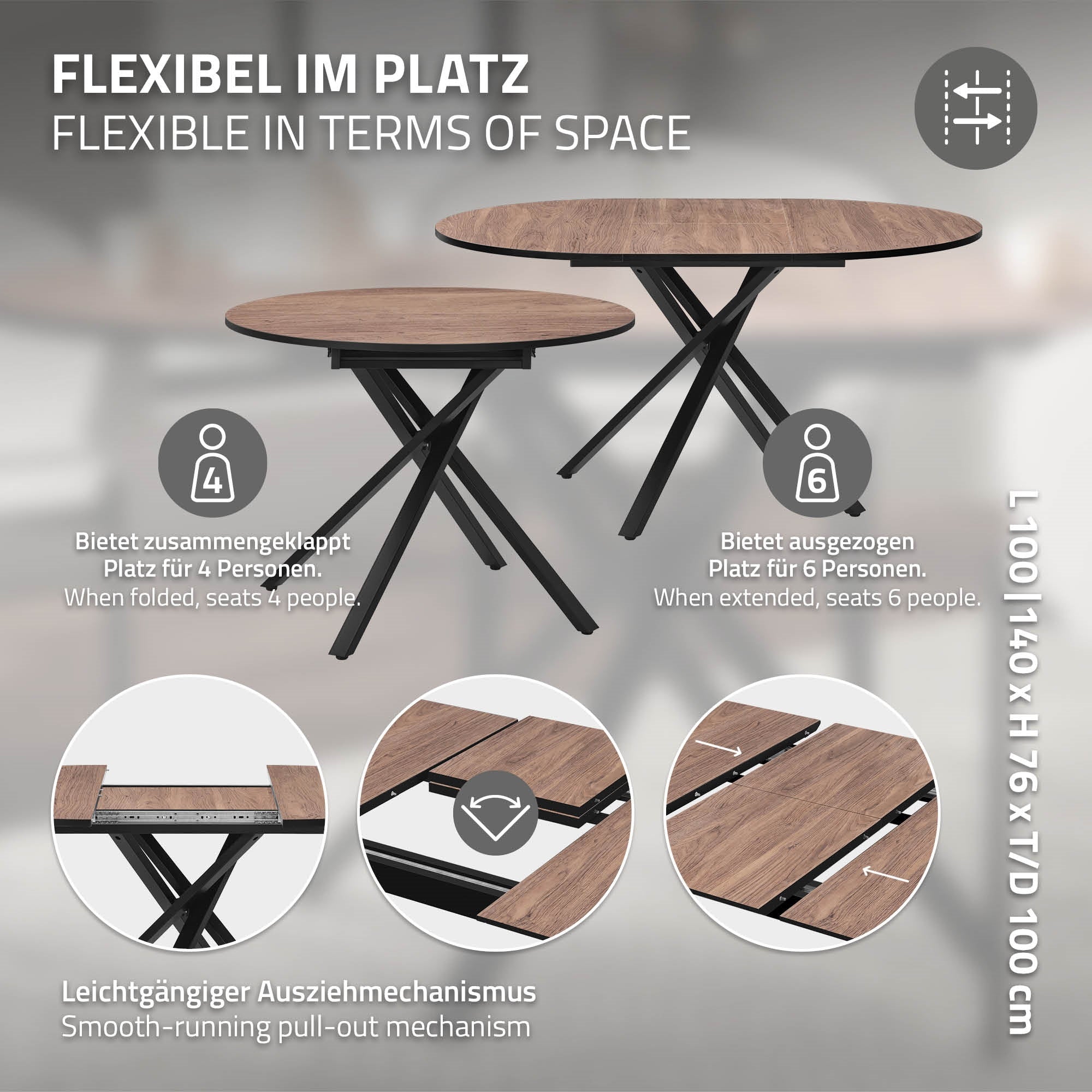 ECD Germany ML-Design table à manger ronde extensible 100-140 marron