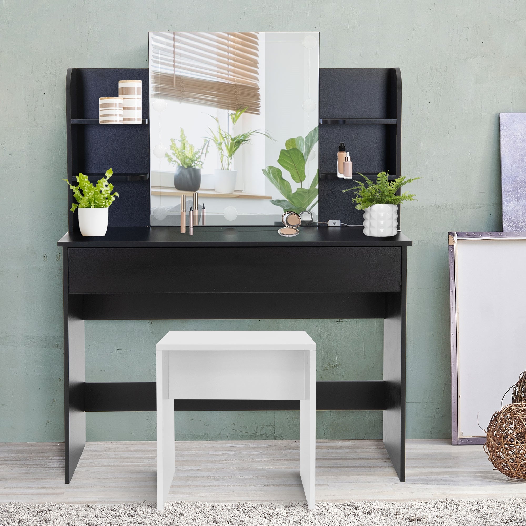 ECD Germany Möbel coiffeuse noire 108x40 cm miroir tiroir tabouret