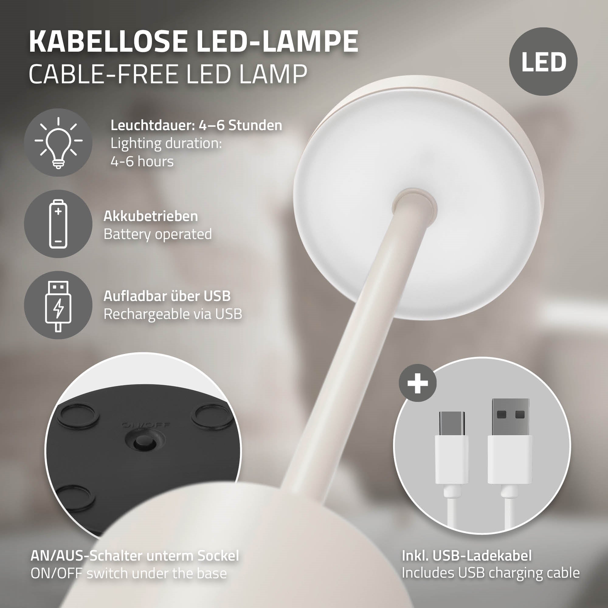 ECD Haus Wohnen ML lampe table sans fil crème 34,5cm