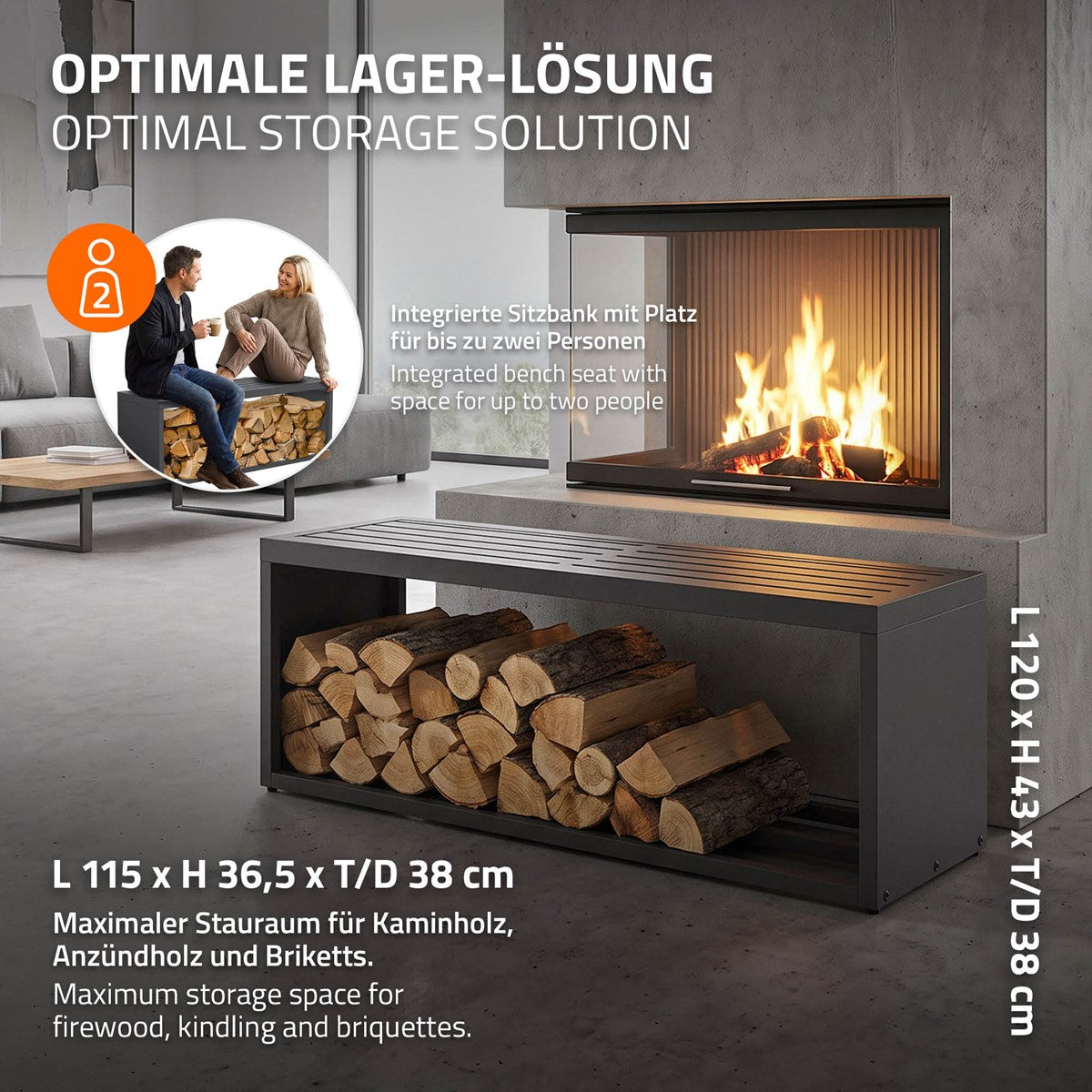 ECD Germany Garten Range-bûches banc acier anthracite 120 cm