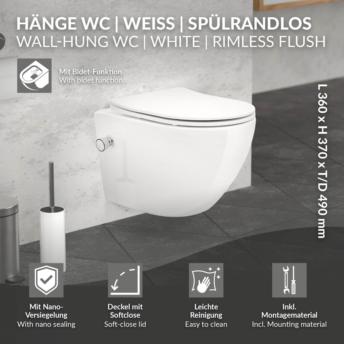ECD Germany Sanitär WC Suspendu Sans Bride Blanc Bidet Softclose