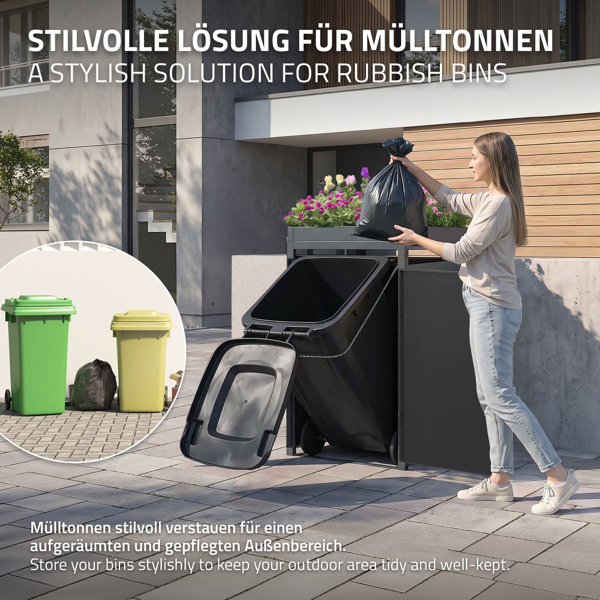 ECD Germany Garten cache poubelle acier mélèze 68x80x124 cm