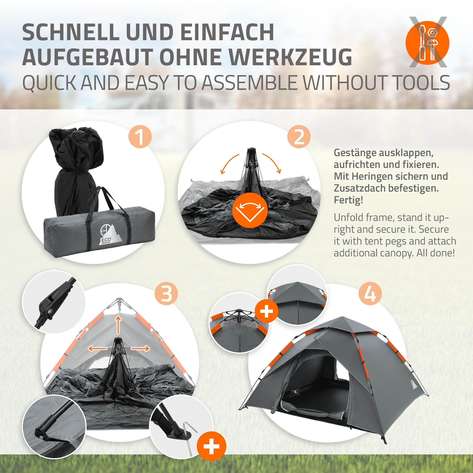 ECD Germany Tente pop-up camping 4 personnes grise double paroi