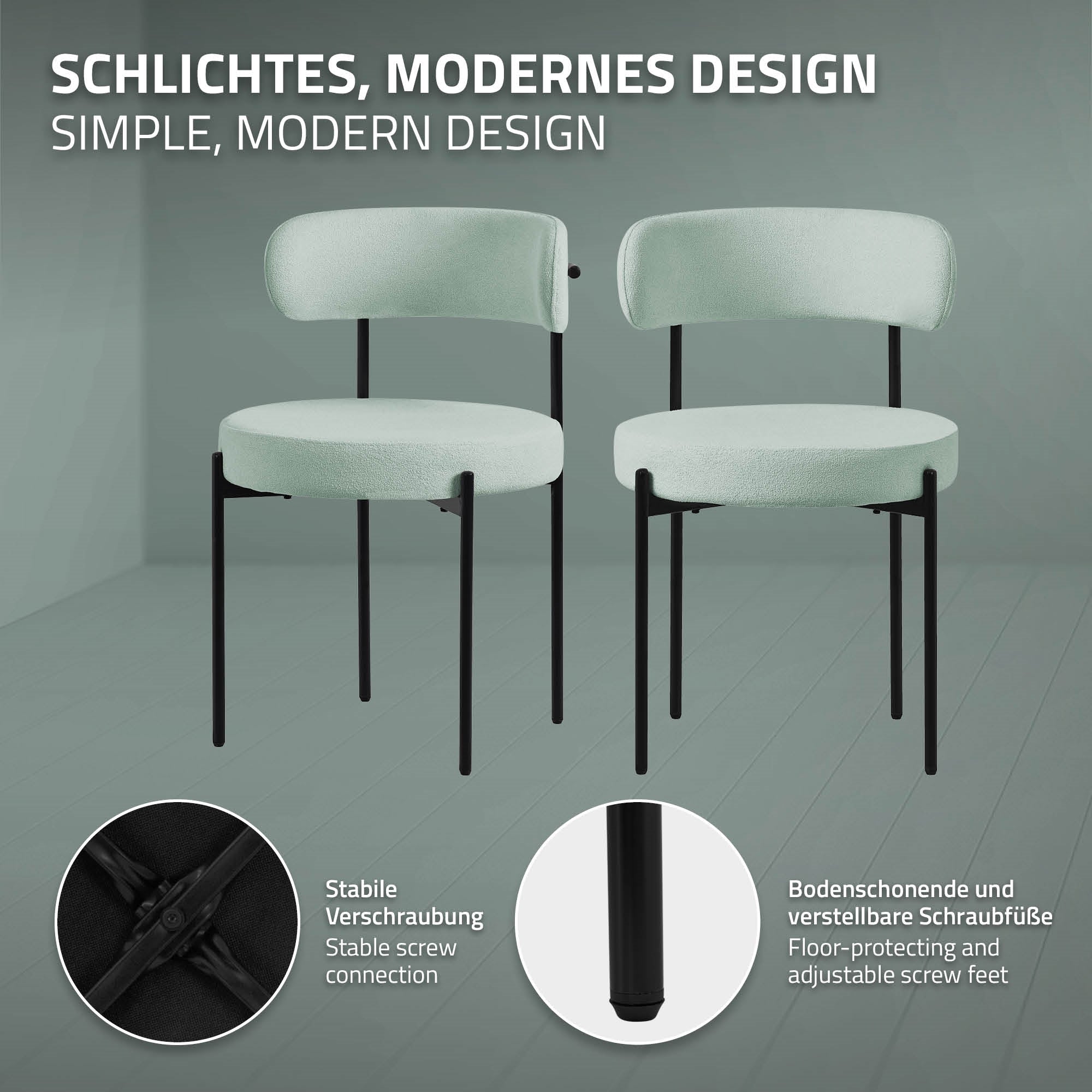 ECD Germany Möbel chaise salle à manger bouclé vert lot de 2
