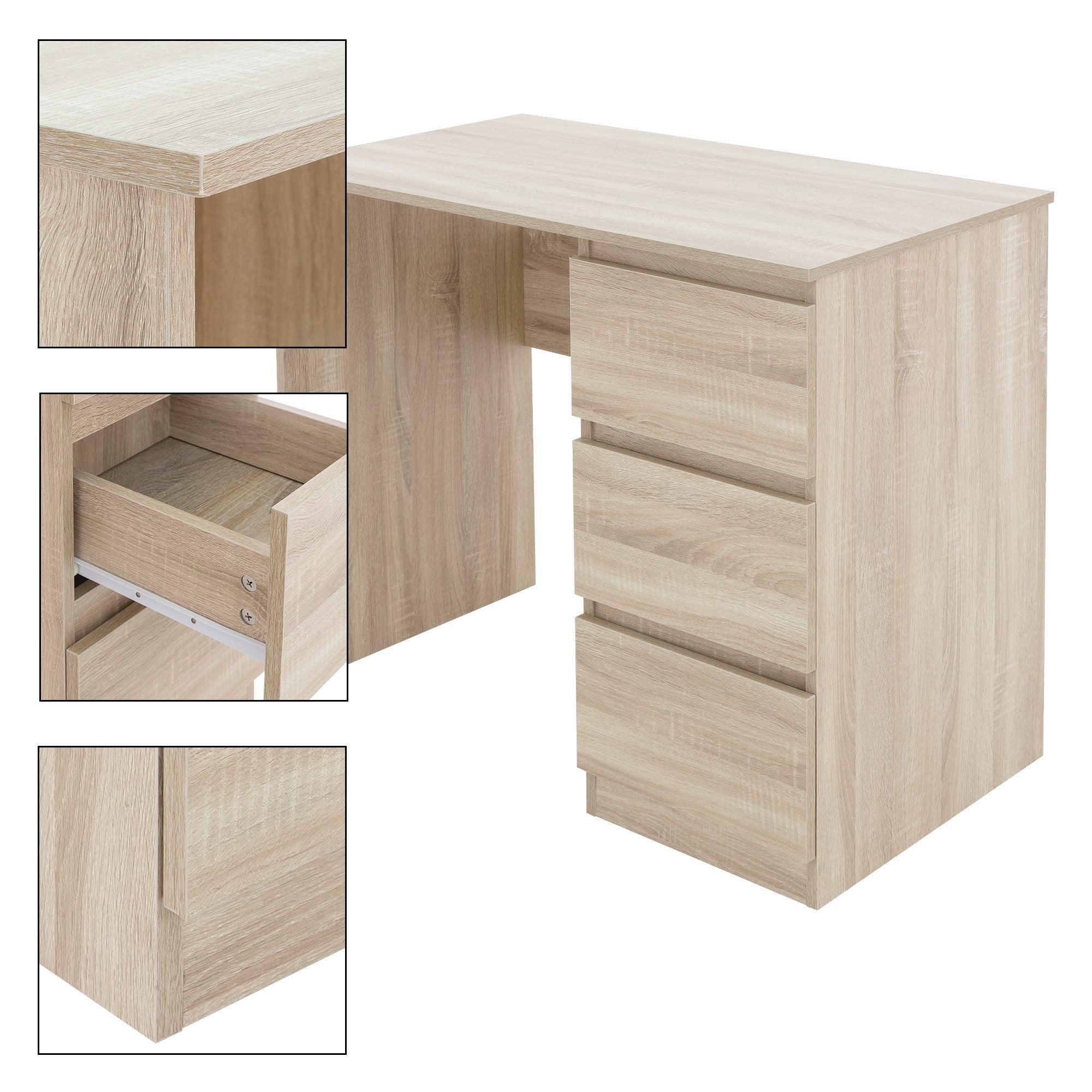 ECD Germany Möbel bureau 3 tiroirs 90x76x50 chêne sonoma bois