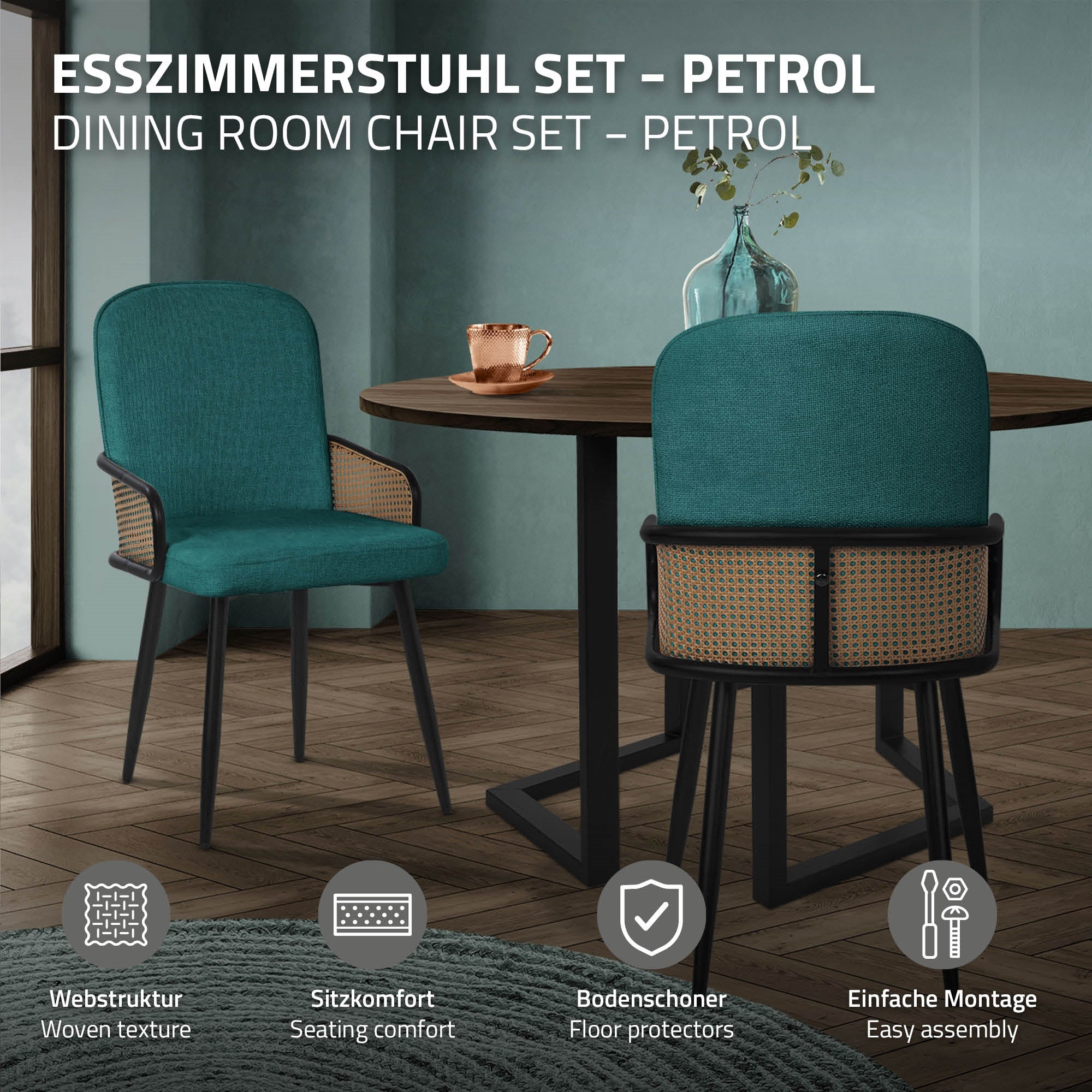 ECD Germany ML-Design chaises salle à manger pétrole lot 4 tissu rotin