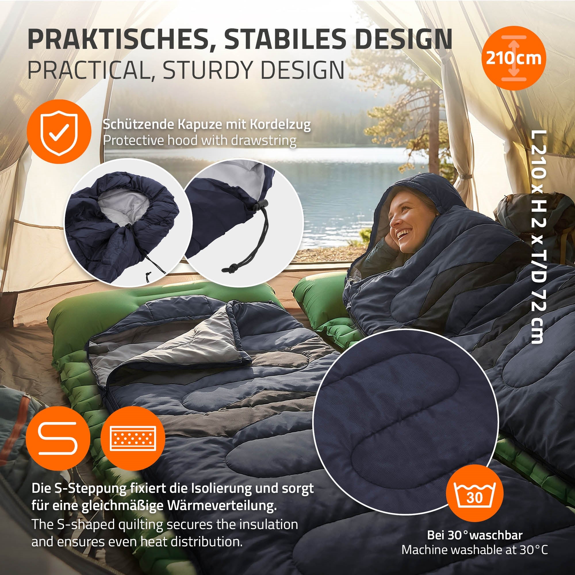 ECD Sport & Freizeit Sac de Couchage Adulte Bleu Foncé 210 cm 3 Saisons