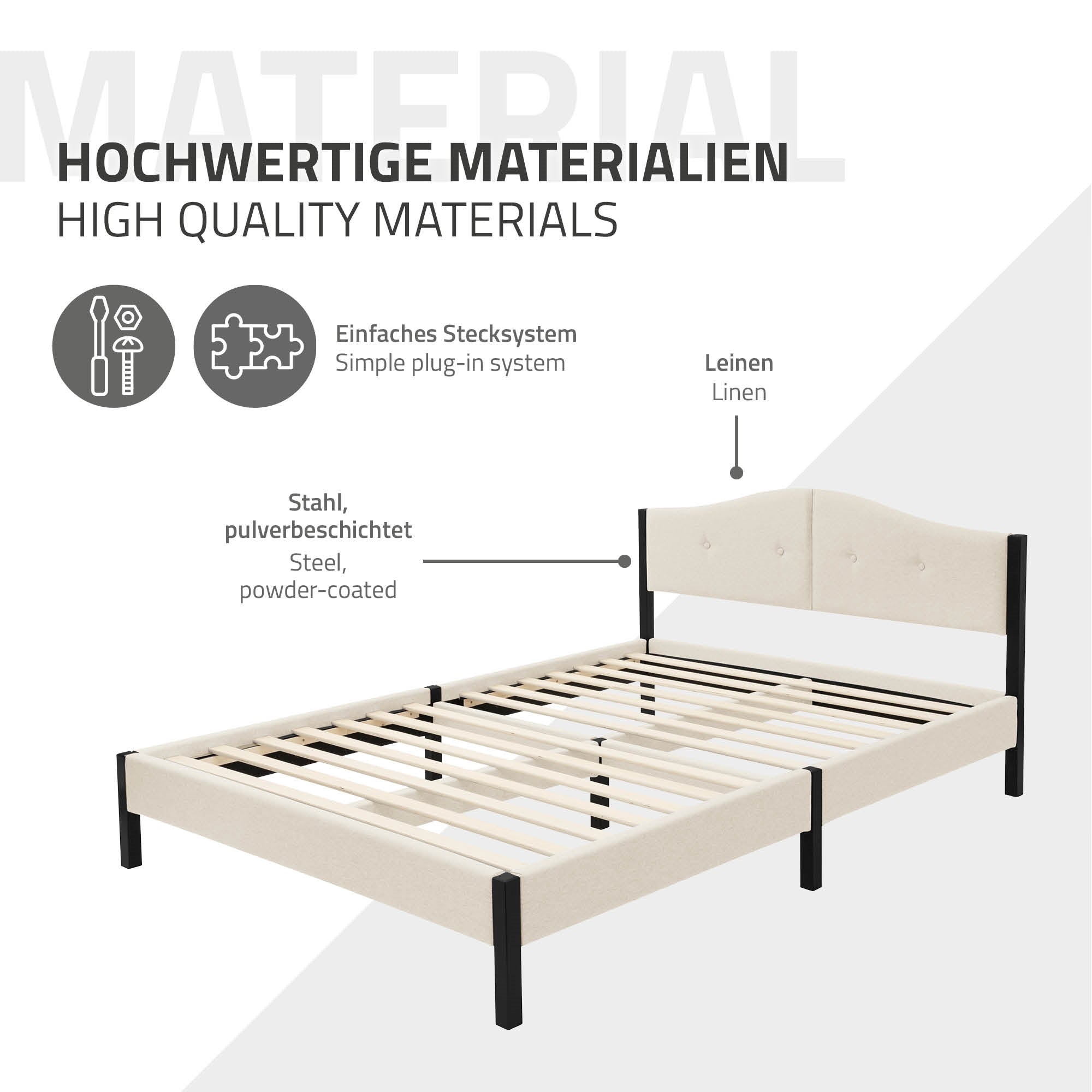 ECD Germany Möbel lit double 140x200 beige tissu capitonné