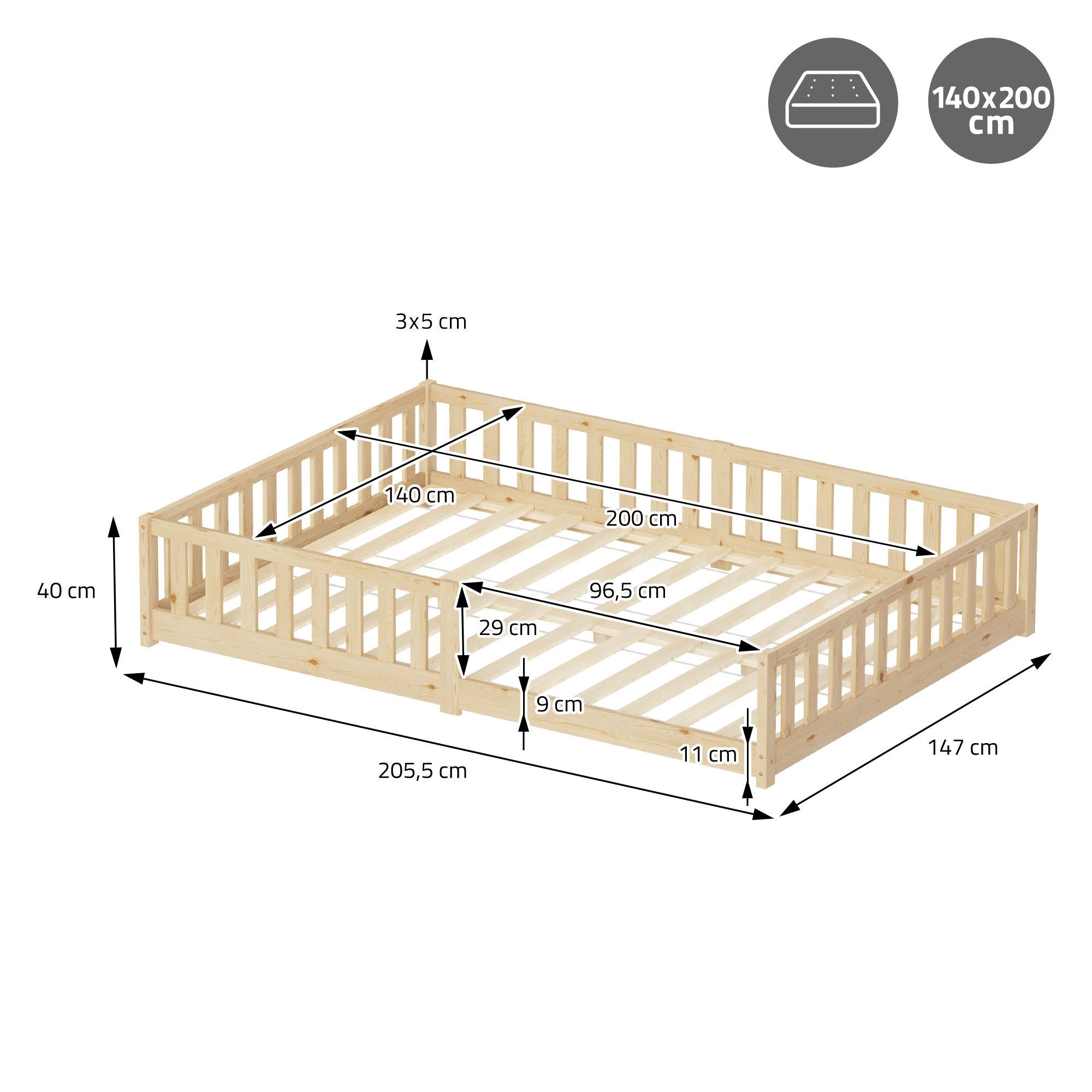 ECD Germany ML-Design lit enfant pin naturel 140x200 cm avec sommier