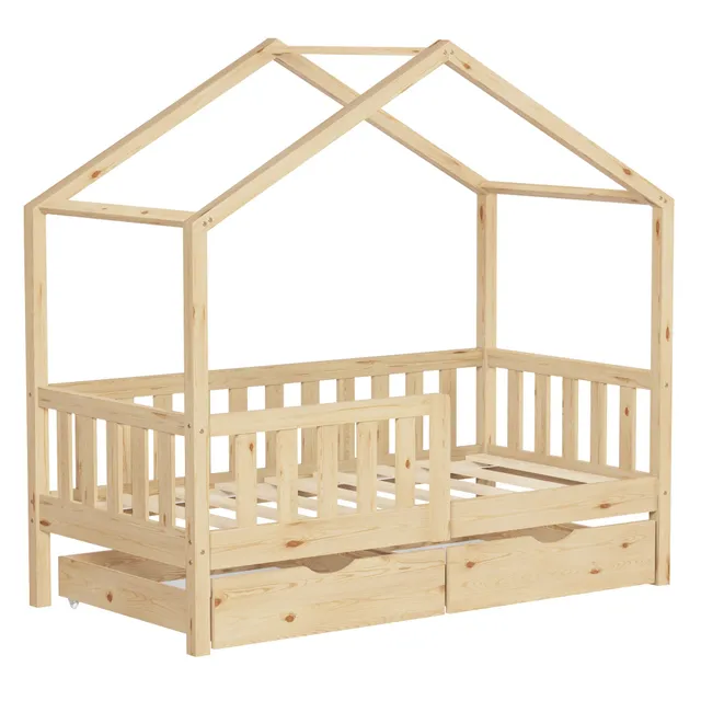 ECD Germany ML-Design lit cabane 70x140 naturel 2 tiroirs