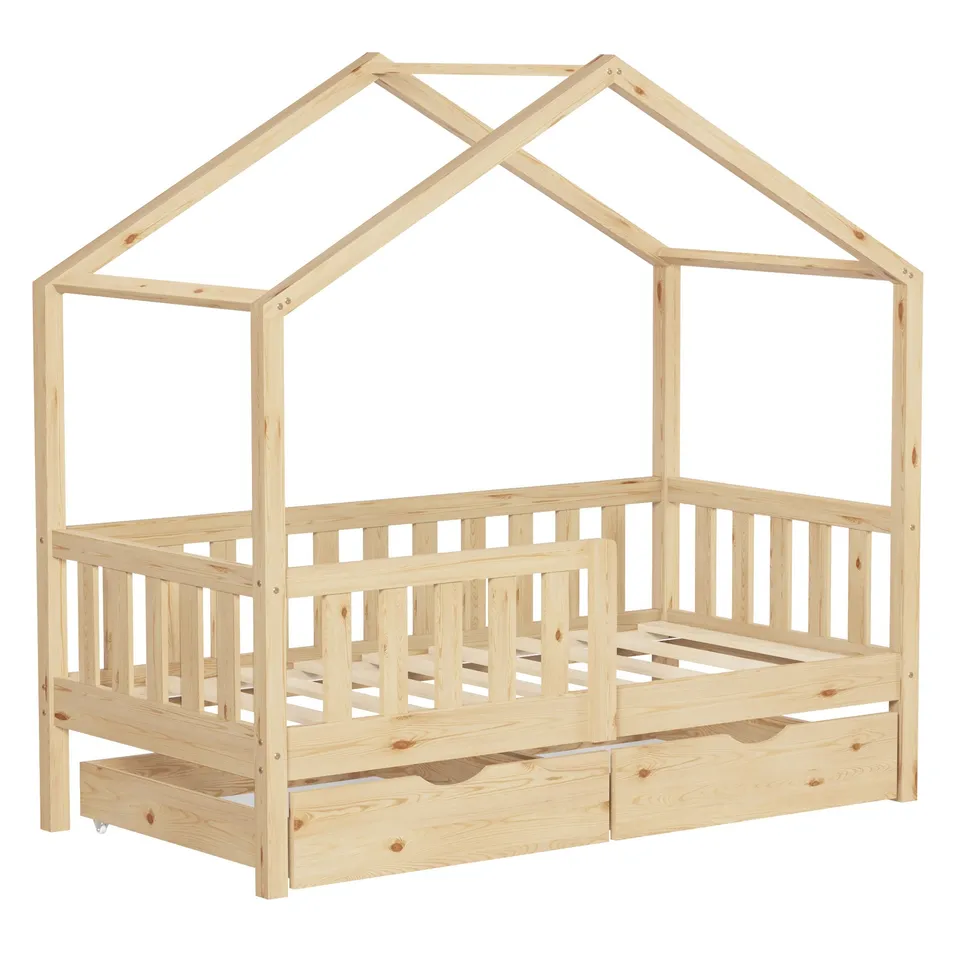 ECD Germany ML-Design lit cabane 70x140 naturel 2 tiroirs