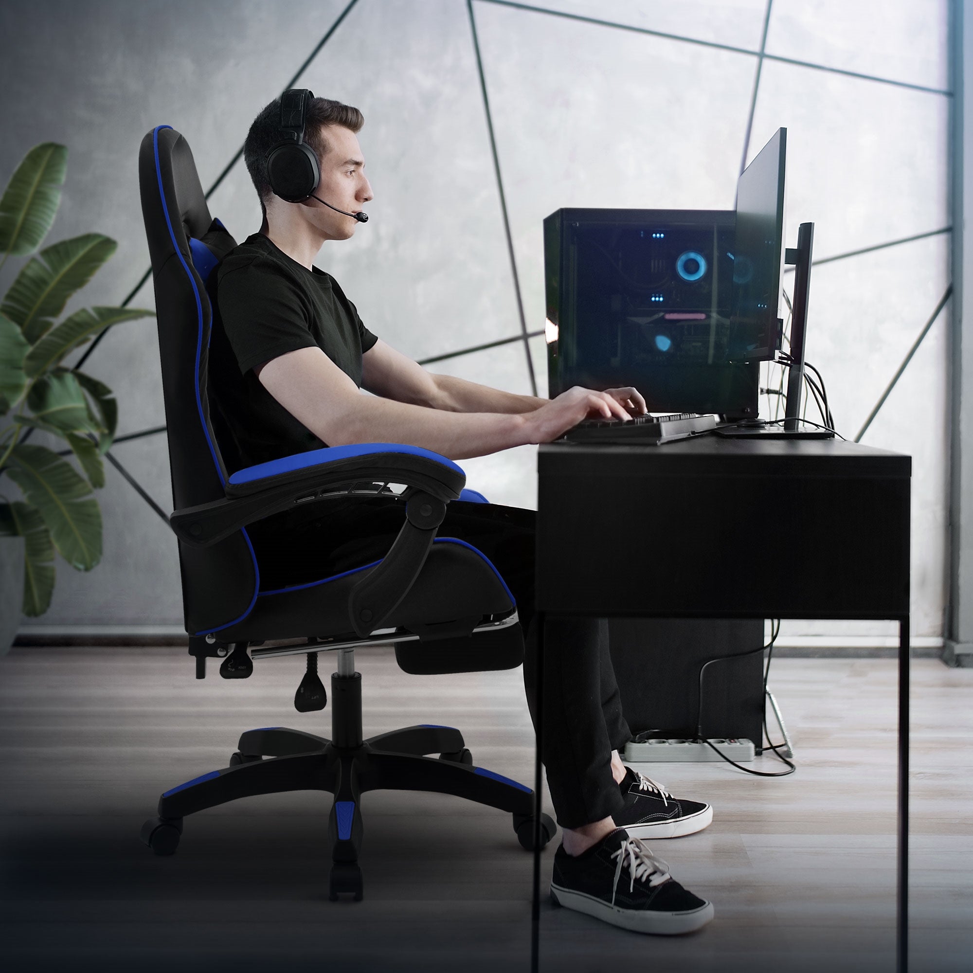 ML-Design chaise gaming simili cuir noir bleu repose-pieds