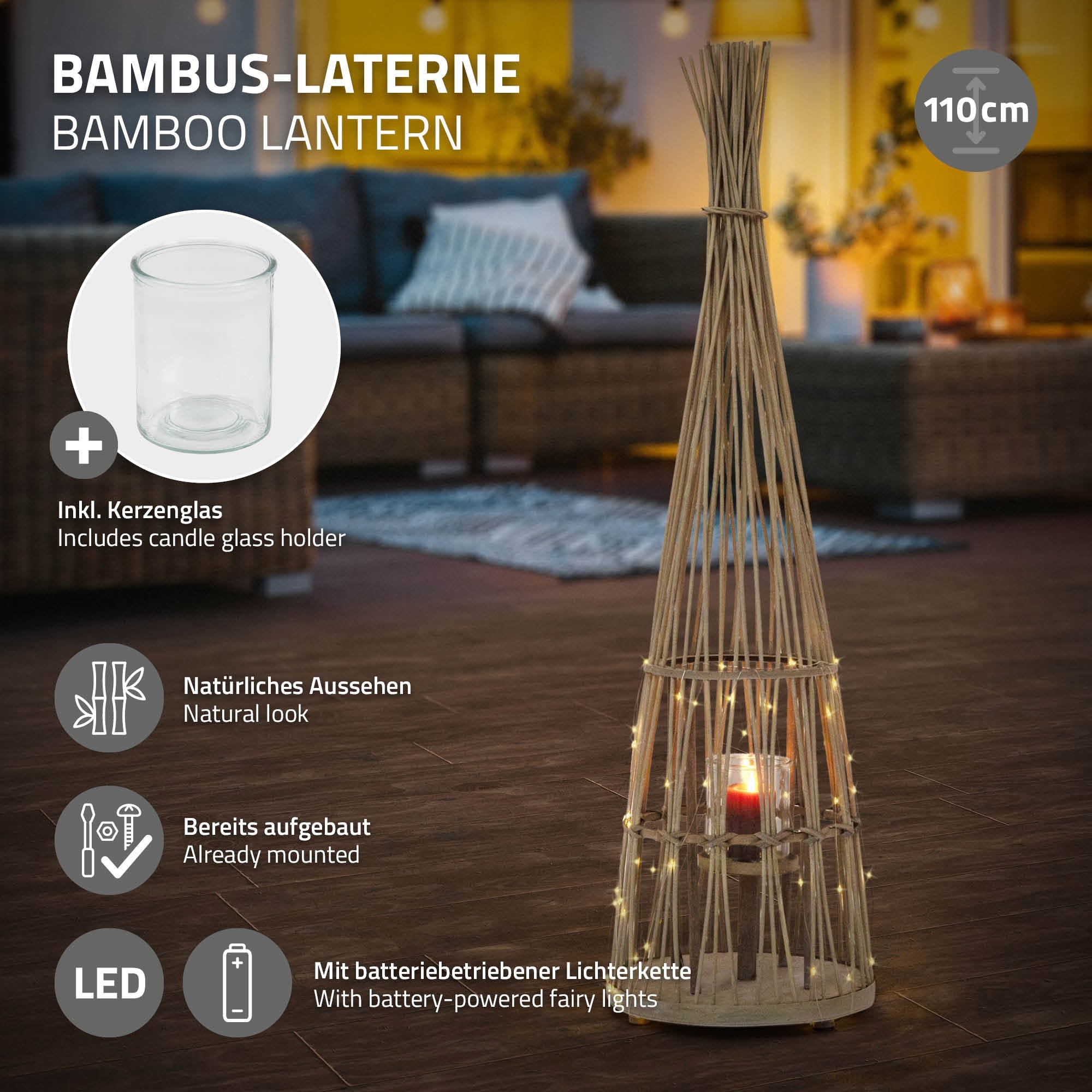 ECD Germany Garten lanterne bambou 110 cm LED verre tressée