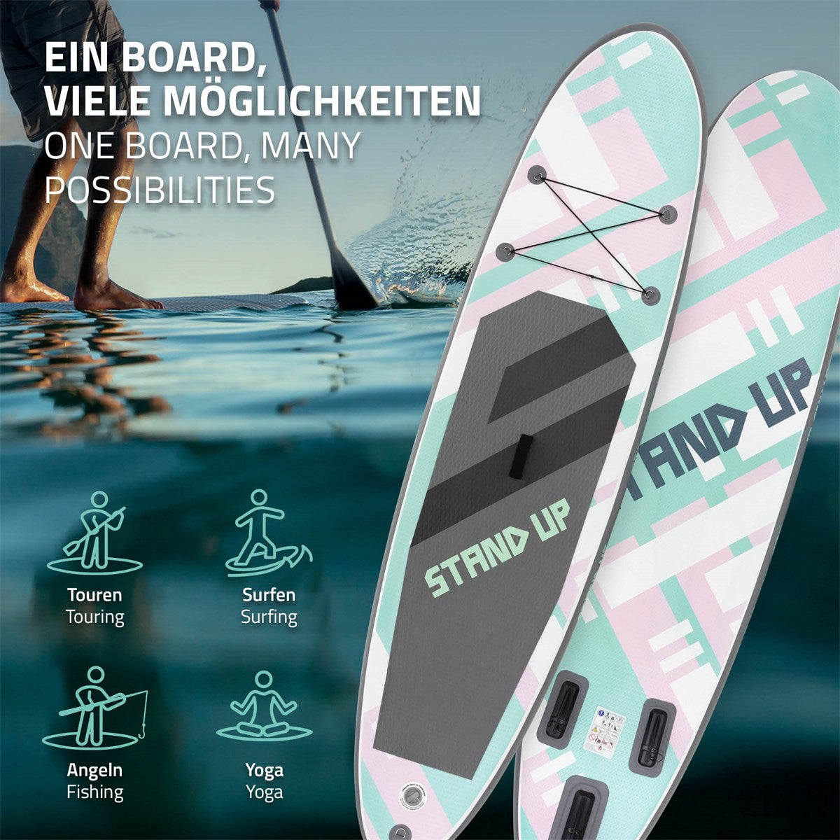 ECD Germany SUP paddle gonflable 308cm rose mint PVC + pompe