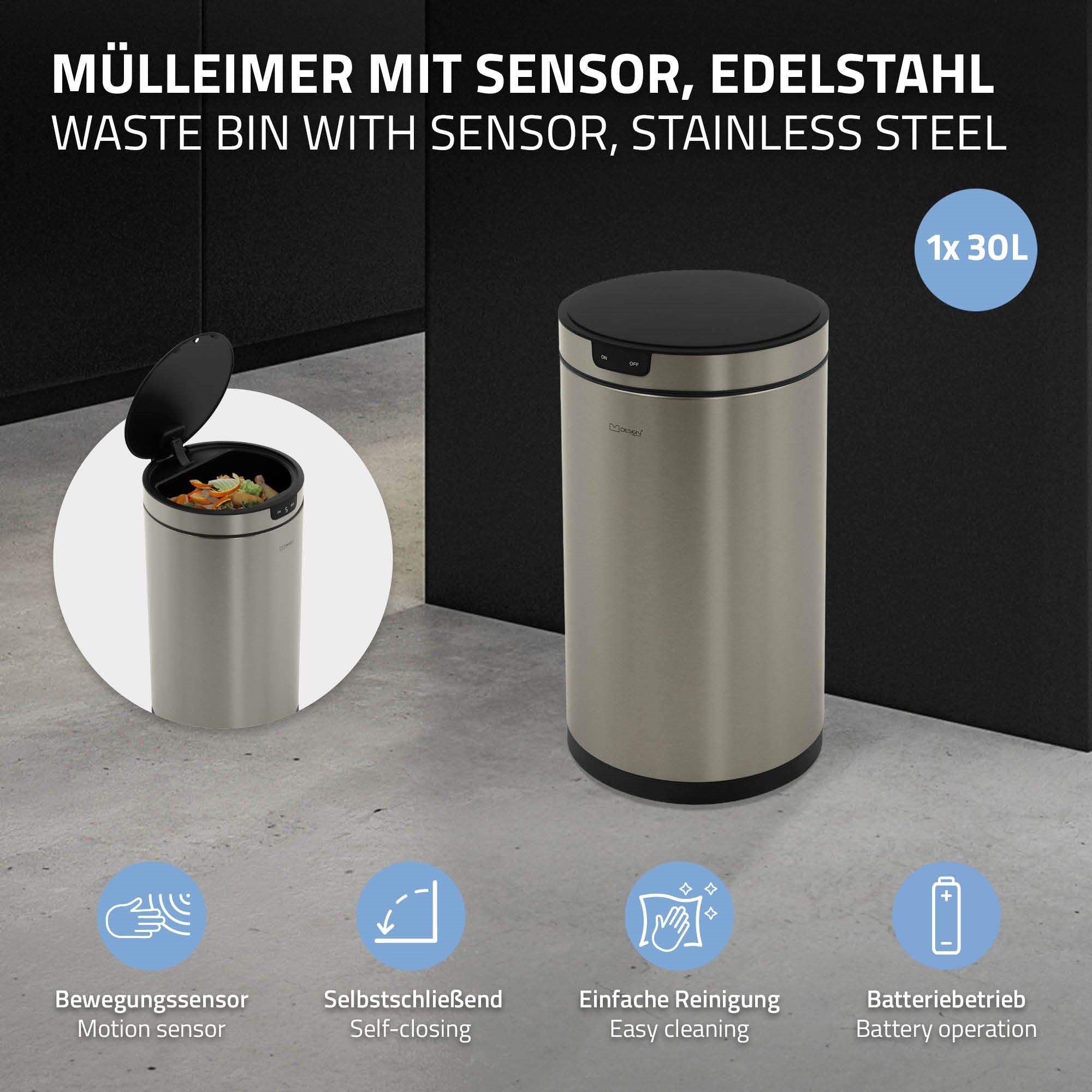 ECD Germany ML-Design poubelle capteur inox 30L noire