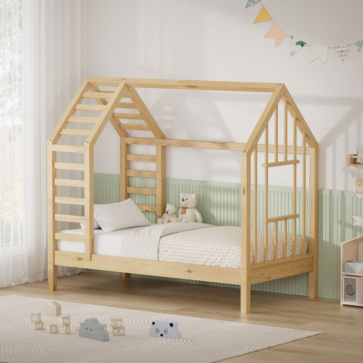 ECD Germany Kinder lit cabane 70x140 cm pin naturel avec sommier
