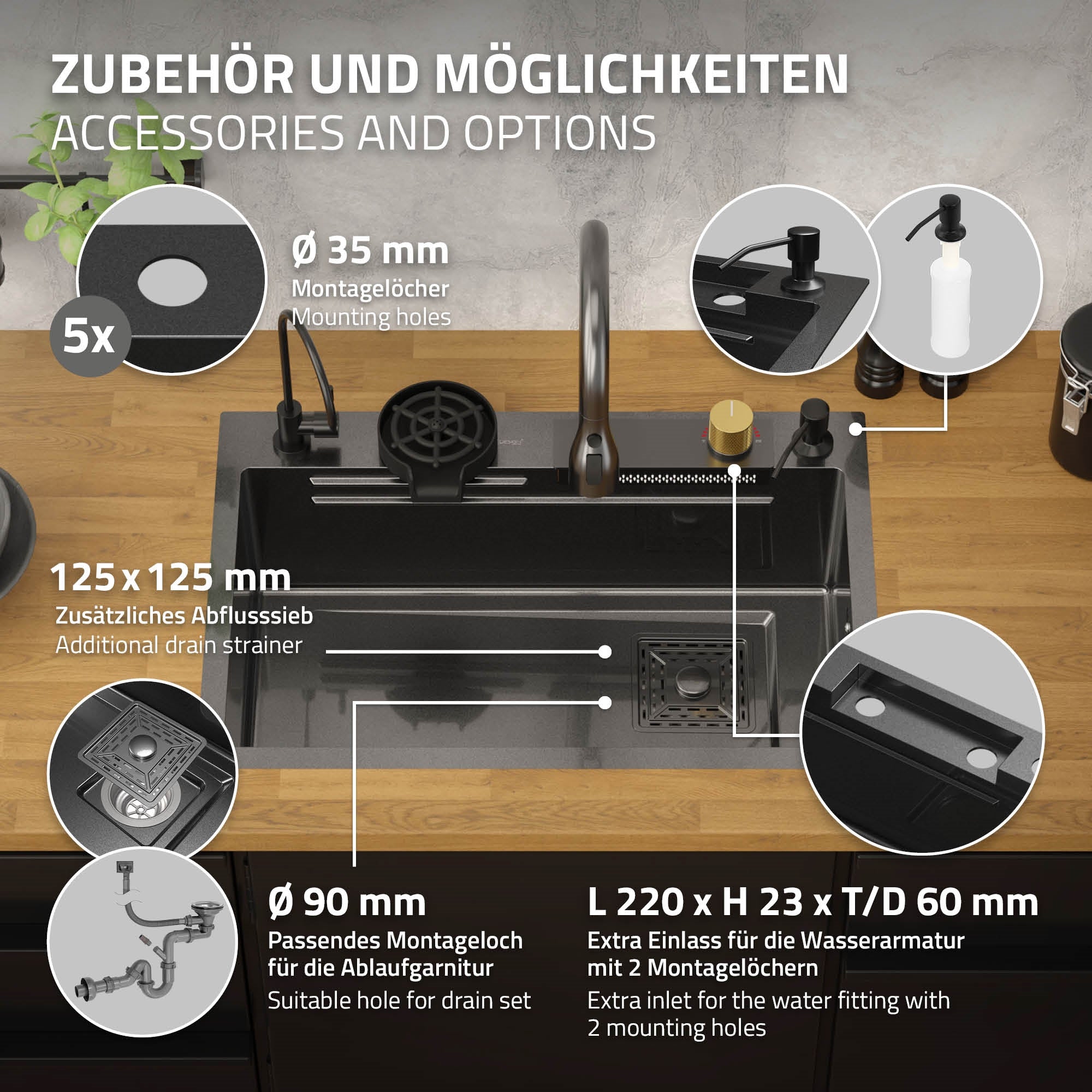 ECD Germany évier cuisine inox anthracite 68x46 robinet 8 accessoires