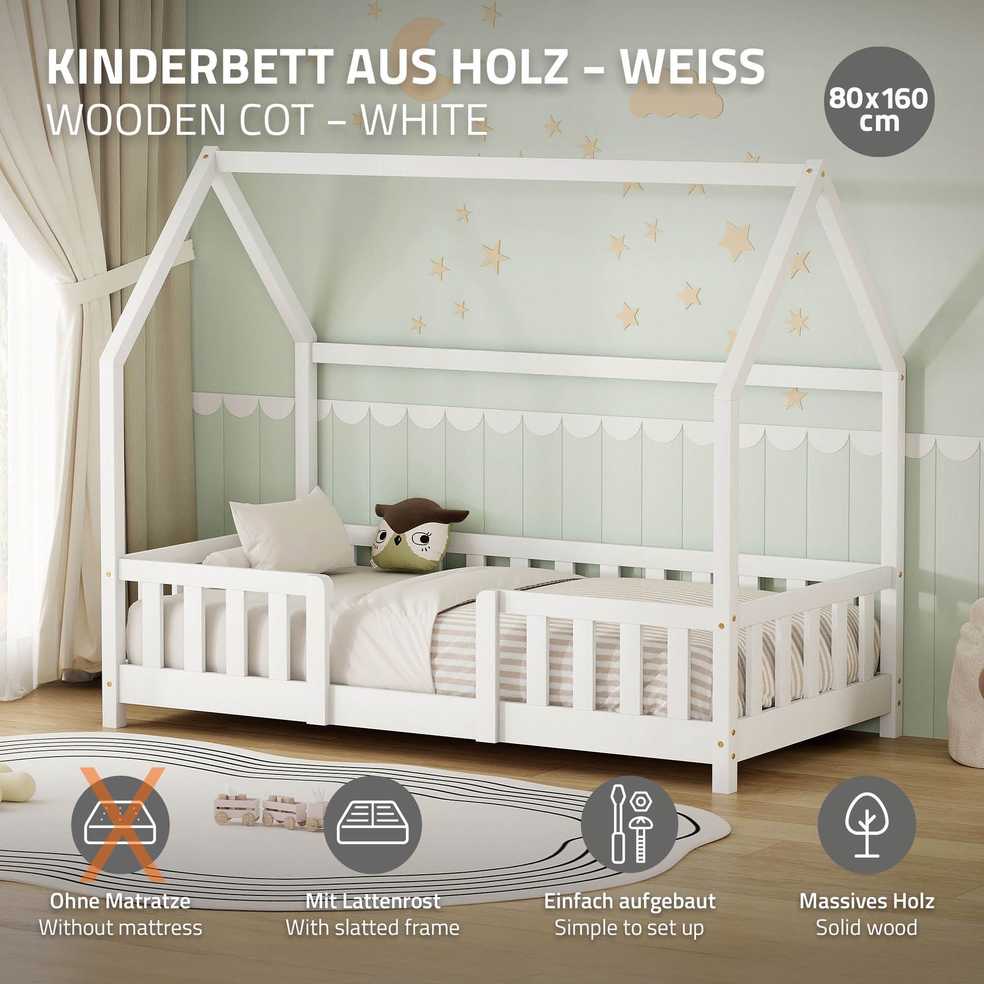 ECD Germany lit cabane enfant 80x160 blanc pin + sommier